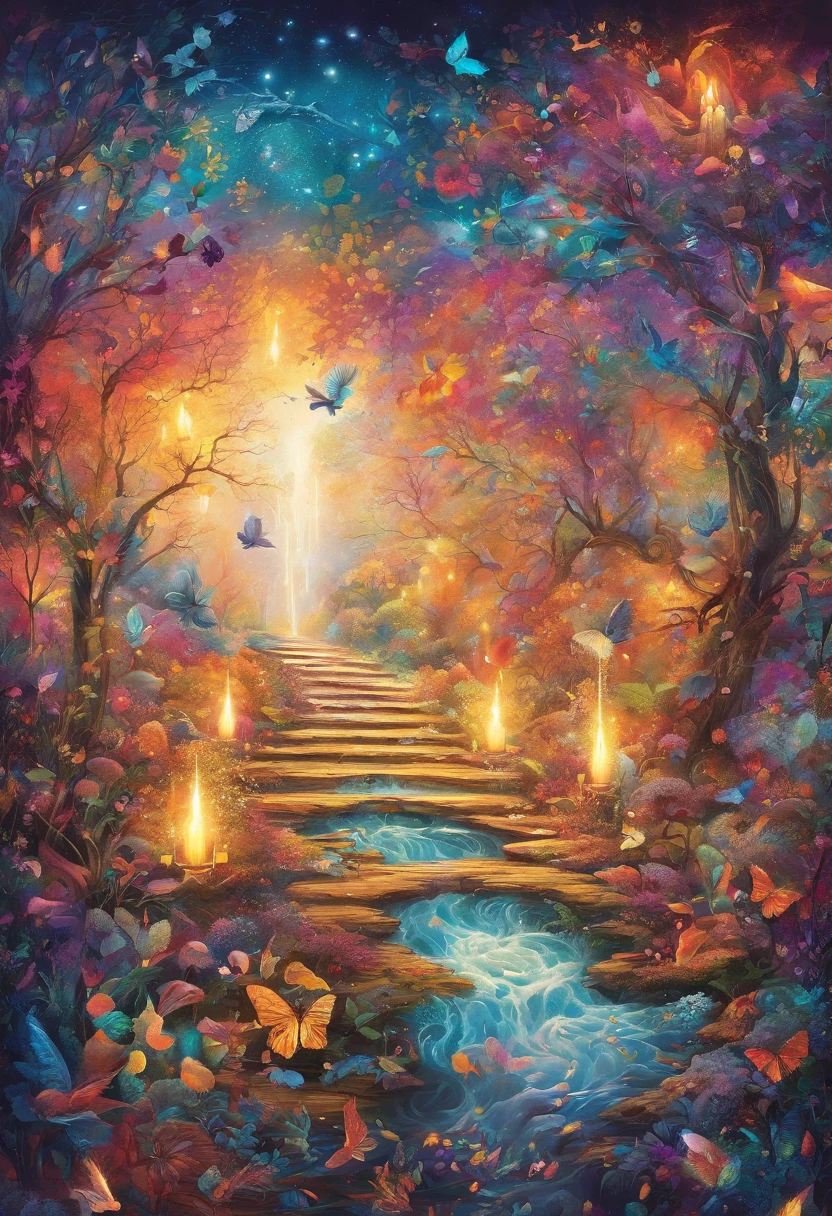 A candle that casts a mysterious luminous spell, Dream rainbow forest, Vibrant colors, Ethereal lighting, detailed foliage, Magical atmosphere, enchanting scenery, Fantastical Atmosphere, Shine brightly, A wisp of magic, Ethereal creatures, Enchanted tree, glisteningstream, Radiant energy, Mysterious symbol, otherworldly landscape, Swirling mist, Charm in the air, Engaging moments, A mesmerizing spectacle, ethereal essence, Magical spells, mystical aura, mesmerizing charm, Fascinated bystanders, transcendent experience, Magical whirlpools, Hidden secrets, Whimsical creatures, Vibrant charm, enchanting atmosphere, Ethereal melody, radiant beams of light, outworldly colours, A joyous celebration in nature, Charming nymphs, supernatural power, Pulsating energy, enchanting spell, Fantasy realm, Transcendental experience,The candle melts,The wax core is a beacon,Represents light and direction,The hand of the person who climbs up on the wax wall reaches for the wax core,Represents the spirit of never giving up,No matter what you encounter, you will never give up on what you are looking for