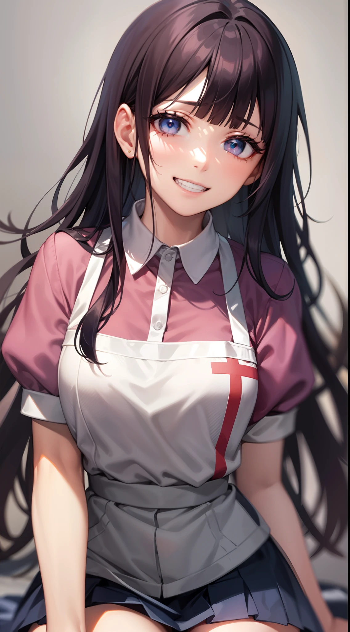 mikantsumiki, mikan tsumiki, long hair, purple hair, (purple eyes:1.1), bangs, blunt bangs, smile, grin,
BREAK apron, bandaged leg, bandages, collared shirt, miniskirt, pink shirt, pleated skirt, puffy short sleeves, puffy sleeves, shirt, short sleeves, skirt, two-tone shirt, white apron, white shirt,
BREAK looking at viewer,
BREAK indoors,
BREAK (masterpiece:1.2), best quality, high resolution, unity 16k wallpaper, (illustration:0.8), (beautiful detailed eyes:1.6), extremely detailed face, perfect lighting, extremely detailed CG, (perfect hands, perfect anatomy),