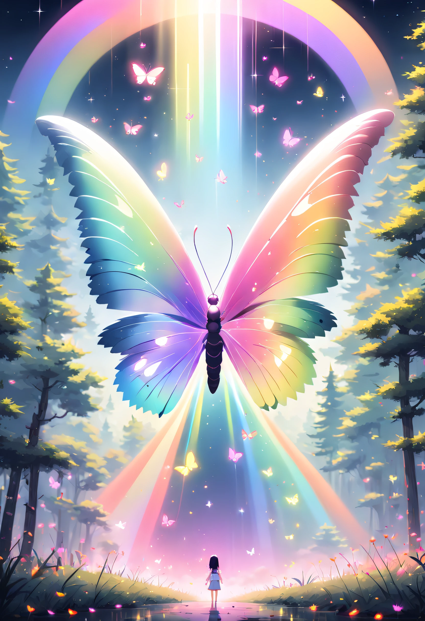 abstract paintings，Black Forest，moonlit background，Fireflies surround a giant anthropomorphic rainbow butterfly，Center composition，symetrical composition，Butterflies are the focal point，super wide shot，超高分辨率，The background is blurred out，Caustics，Shadow emphasis，Fireflies are composed in a circular shape,Pixlart