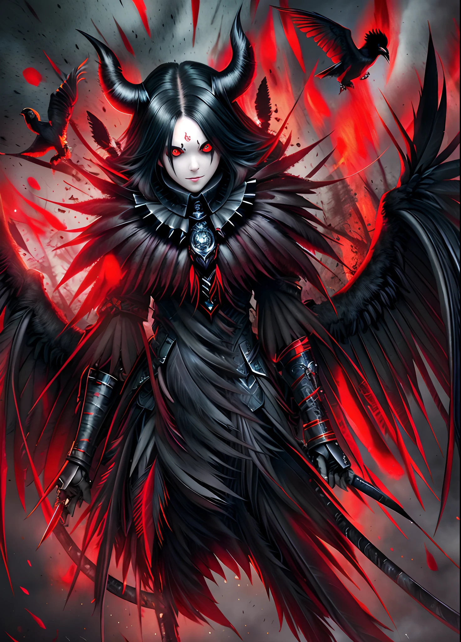 Masterpiece, Best Quality, hight resolution, 独奏, raven,feathers , red eyes, malicious,  Scary background, bird, demon, Bloody Backstory, male