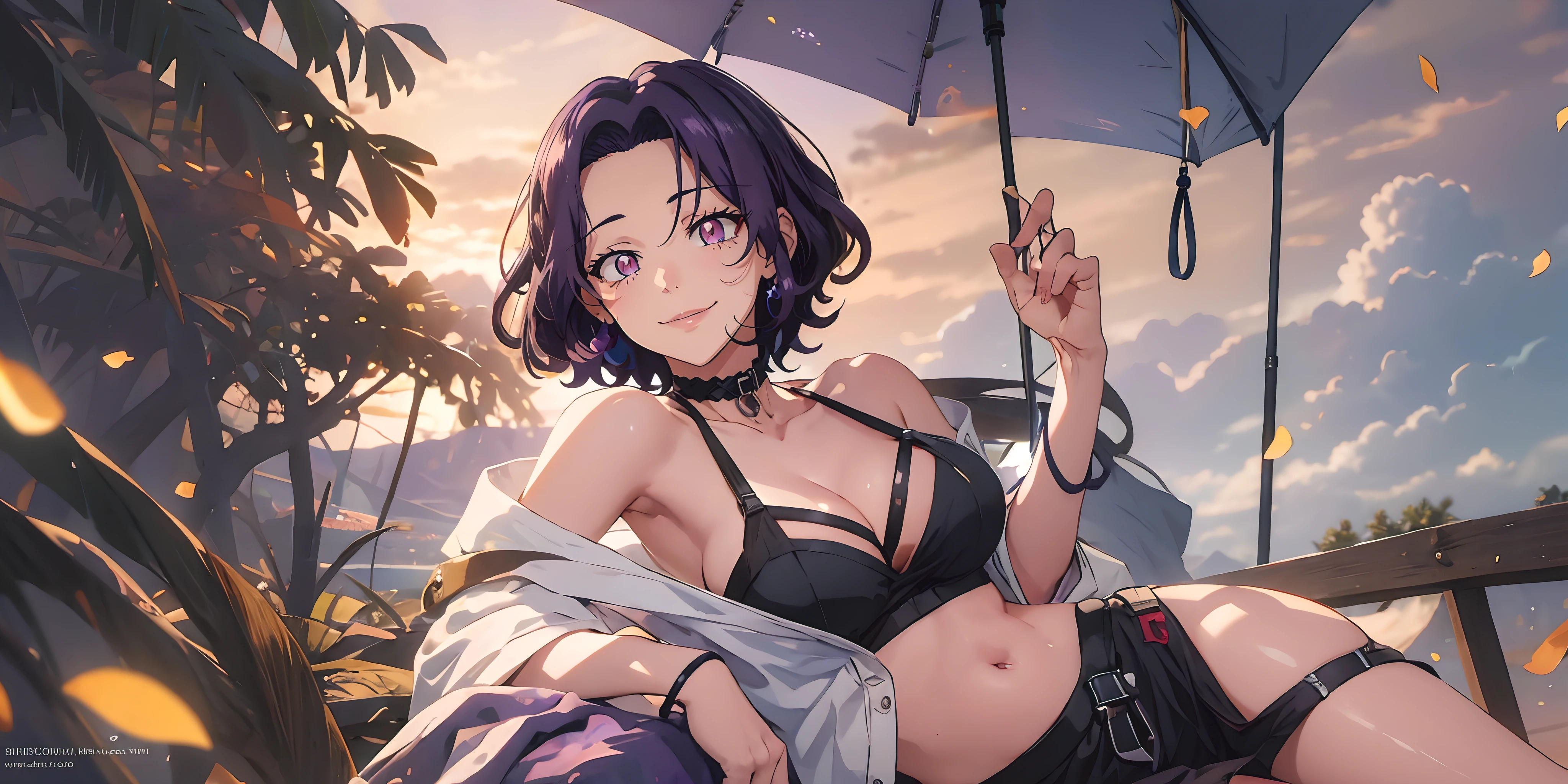 hamaoka_azusa, purple eyes, (purple hair, short hair:1.6), forehead, sweating, seductive smile, breasts, head rest, 1girl, swimsuit, cleavage, lying, bikini, sunset, collarbone, solo, sky, cloud, looking_at_viewer, choker, large_breasts, outdoors, mountain, bare_shoulders, barefoot, black_bikini, flower, sidelocks, beach, parted_lips, on_side, skirt, lips, thighs, jewelry, toes, bracelet, on_stomach, glow effects, godrays, Hand drawn, render, 8k, octane render, cinema 4d, blender, dark, atmospheric 4k ultra detailed, cinematic, Sharp focus, big depth of field, Masterpiece, colors, 3d octane render, 4k, concept art, trending on artstation, hyperrealistic, Vivid colors, extremely detailed CG unity 8k wallpaper, trending on CGSociety, Intricate, High Detail, dramatic"", head rest