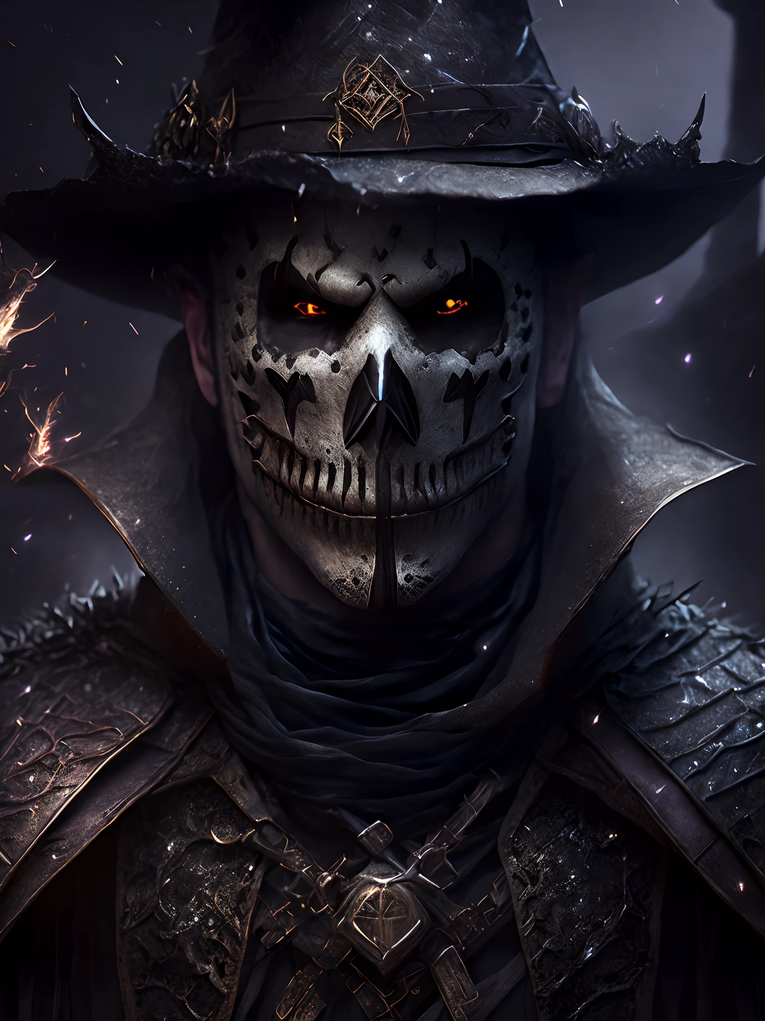 Close-up ( Jason Forhees wearing a witch costume from Friday 13th in Goth style: 1.3) emerging from the witches castle, extremely detailed, smoke, sparks, metal shavings, flying debris, volumetric light