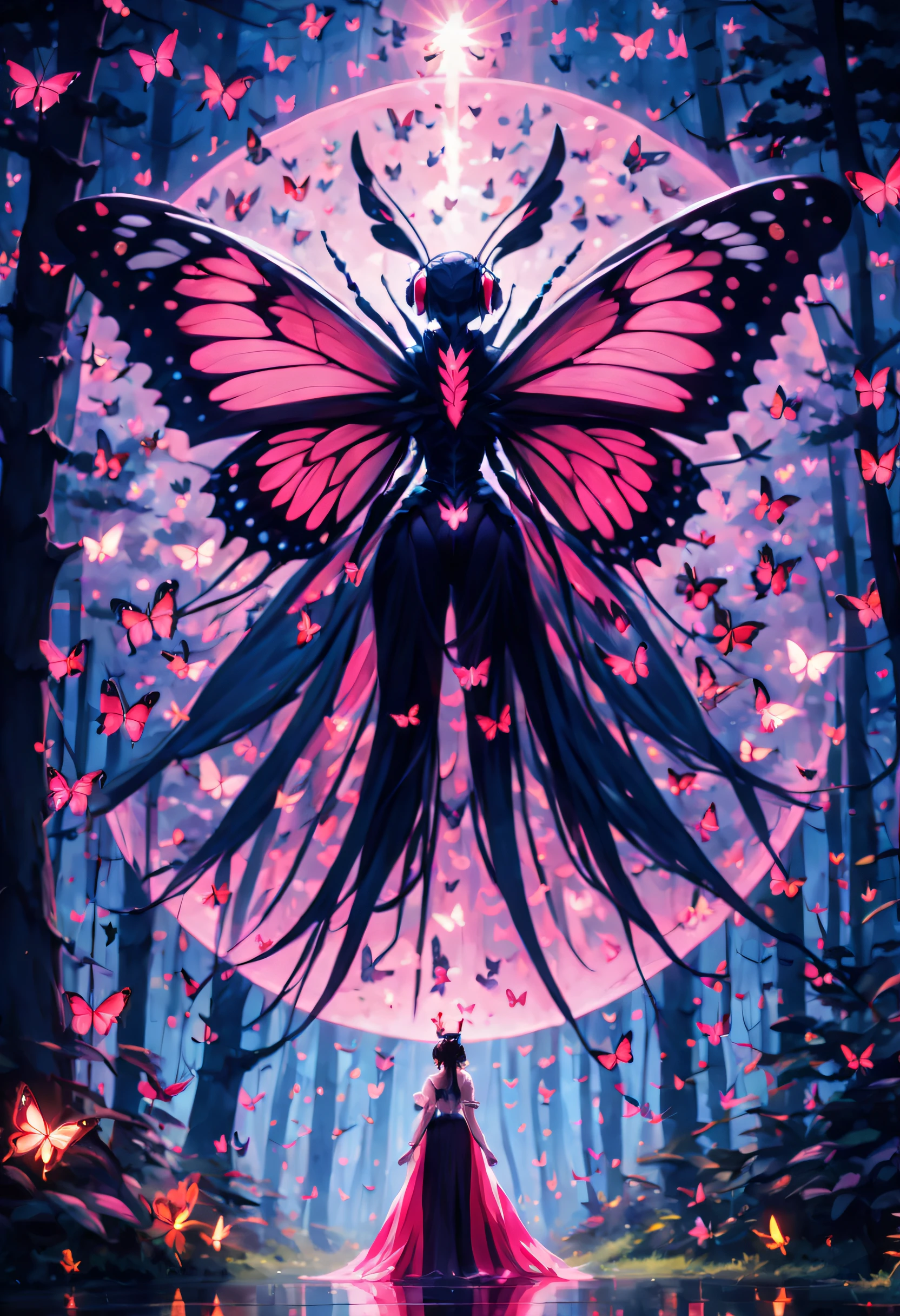 abstract paintings,Pink Forest,moonlit background,Fireflies surround a giant anthropomorphic red butterfly,Center composition,symetrical composition,Butterflies are the focal point,super wide shot,超高分辨率,The background is blurred out,Caustics,Shadow emphasis,Fireflies are composed in a circular shape,pixllart