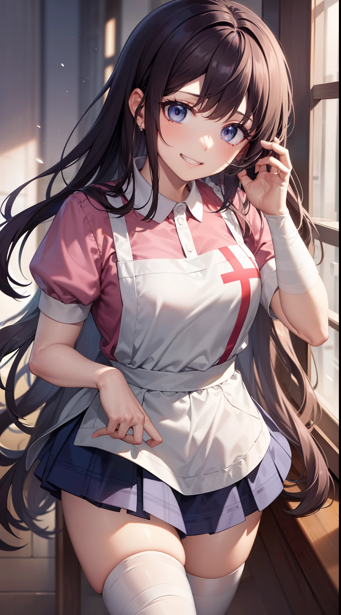 mikantsumiki, mikan tsumiki, long hair, purple hair, (purple eyes:1.1), bangs, blunt bangs, smile, grin,
BREAK apron, bandaged right leg, bandaged left arm, bandages, collared shirt, miniskirt, pink shirt, pleated skirt, puffy short sleeves, puffy sleeves, shirt, short sleeves, skirt, two-tone shirt, white apron, white shirt,
BREAK looking at viewer,
BREAK indoors,
BREAK (masterpiece:1.2), best quality, high resolution, unity 16k wallpaper, (illustration:0.8), (beautiful detailed eyes:1.6), extremely detailed face, perfect lighting, extremely detailed CG, (perfect hands, perfect anatomy),