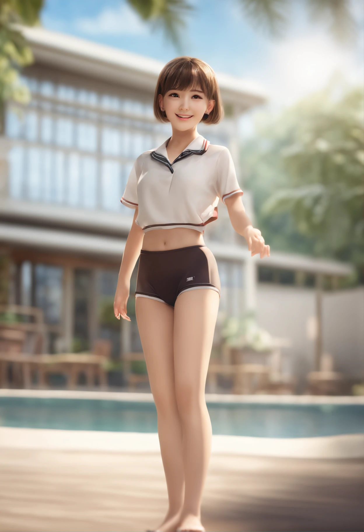 (best quality,highres,masterpiece:1.2),ultra-detailed,realistic(1.37),schoolgirls,adorable,,large eyes,cute smile,looking at the viewer,poolside,Japanese school swimsuit,short haircut,slender waist,thin thighs,small breasts,photography,realistic,detailed face,classroom,detailed background,soft diffused lighting,shallow depth of field,bokeh