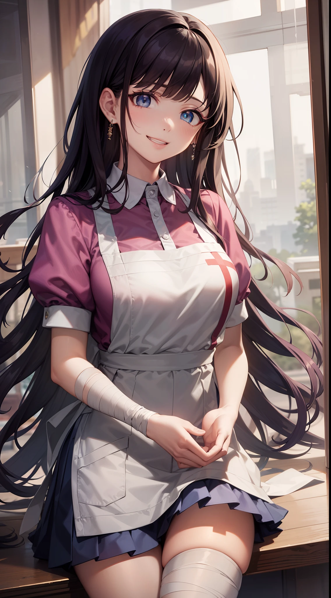 mikantsumiki, mikan tsumiki, long hair, purple hair, (purple eyes:1.1), bangs, blunt bangs, smile, grin,
BREAK apron, bandaged leg, bandages, collared shirt, miniskirt, pink shirt, pleated skirt, puffy short sleeves, puffy sleeves, shirt, short sleeves, skirt, two-tone shirt, white apron, white shirt,
BREAK looking at viewer,
BREAK indoors,
BREAK (masterpiece:1.2), best quality, high resolution, unity 16k wallpaper, (illustration:0.8), (beautiful detailed eyes:1.6), extremely detailed face, perfect lighting, extremely detailed CG, (perfect hands, perfect anatomy),