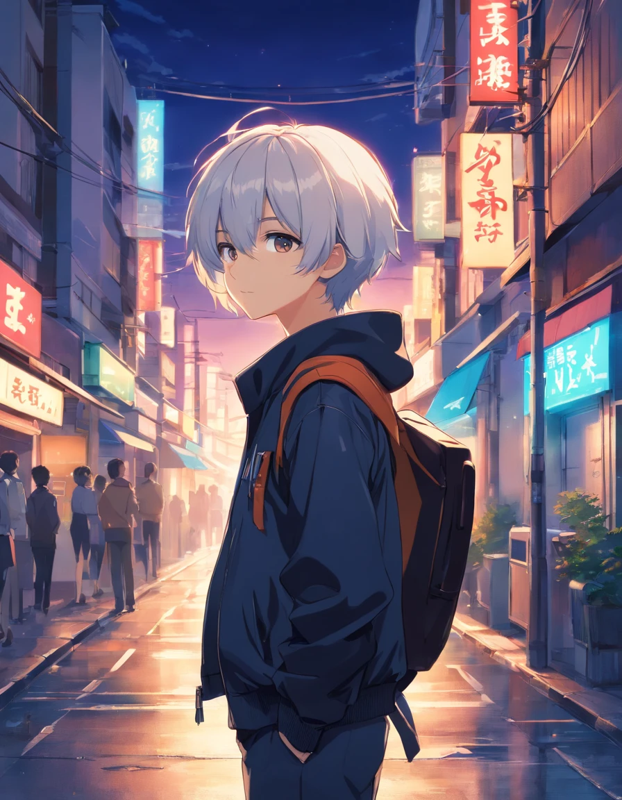 tmasterpiece， Best quality at best，1boys，Handsome，with short white hair，Black printed jacket，streaming tears，Dim street lights，low head，The background is in a dilapidated street，