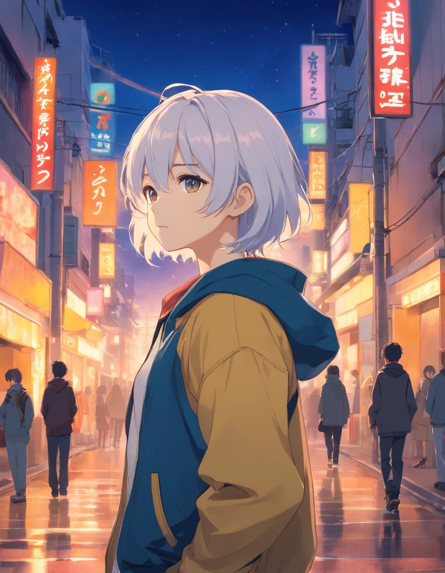 tmasterpiece， Best quality at best，1boys，Handsome，with short white hair，Black printed jacket，streaming tears，Dim street lights，low head，The background is in a dilapidated street，