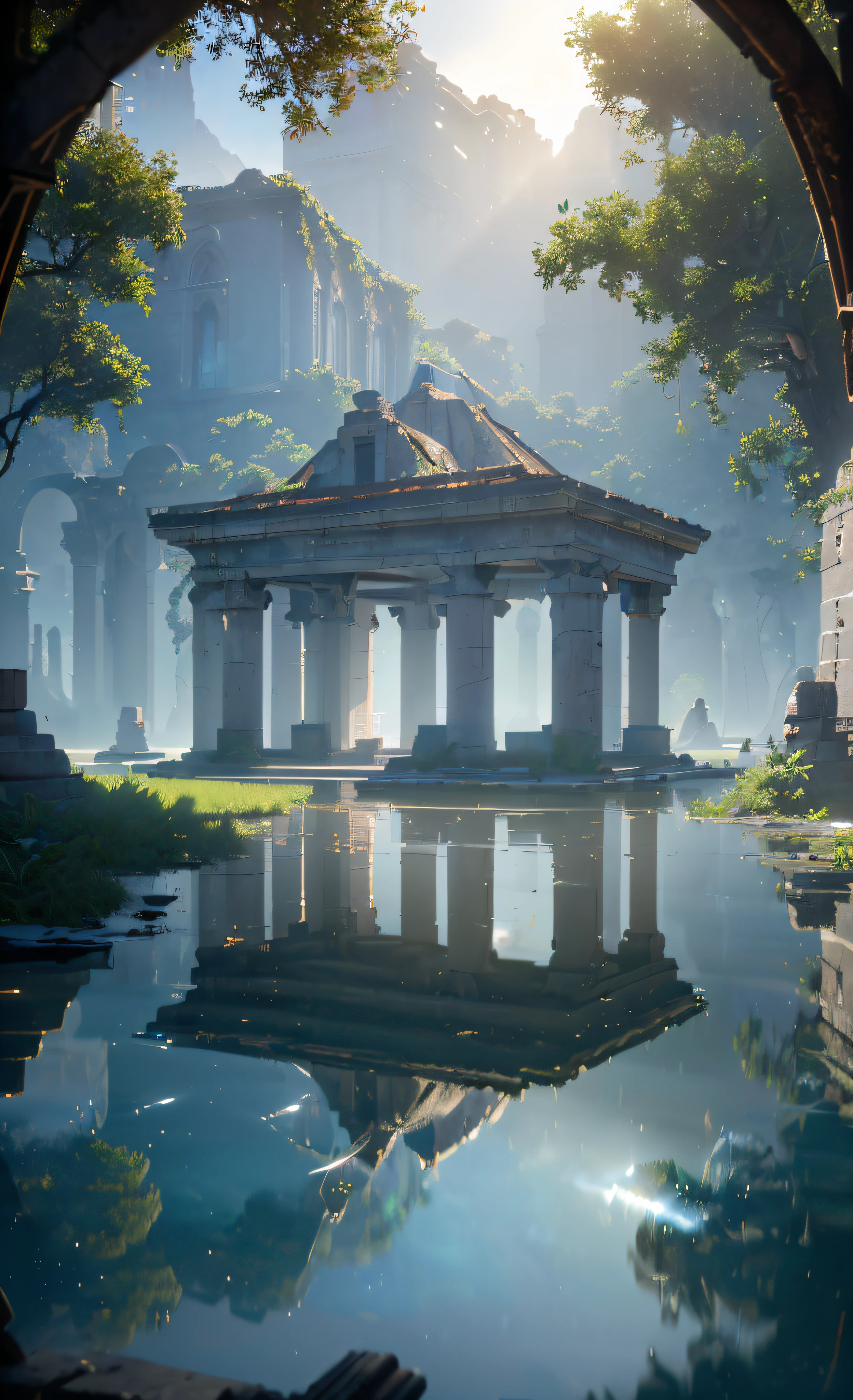 (8k, RAW photo, best quality, masterpiece:1.2), (realistic, photo-realistic:1.37), octane render, ultra high res, ultra-detailed, professional lighting, photon mapping, radiosity, physically-based rendering, ue5, ((island sanctuary)), ((ancient fallen kingdom)), ((reflections in water)), ((raytracing)), ((drowned city)) , ancient building , statue ancient , Symbol