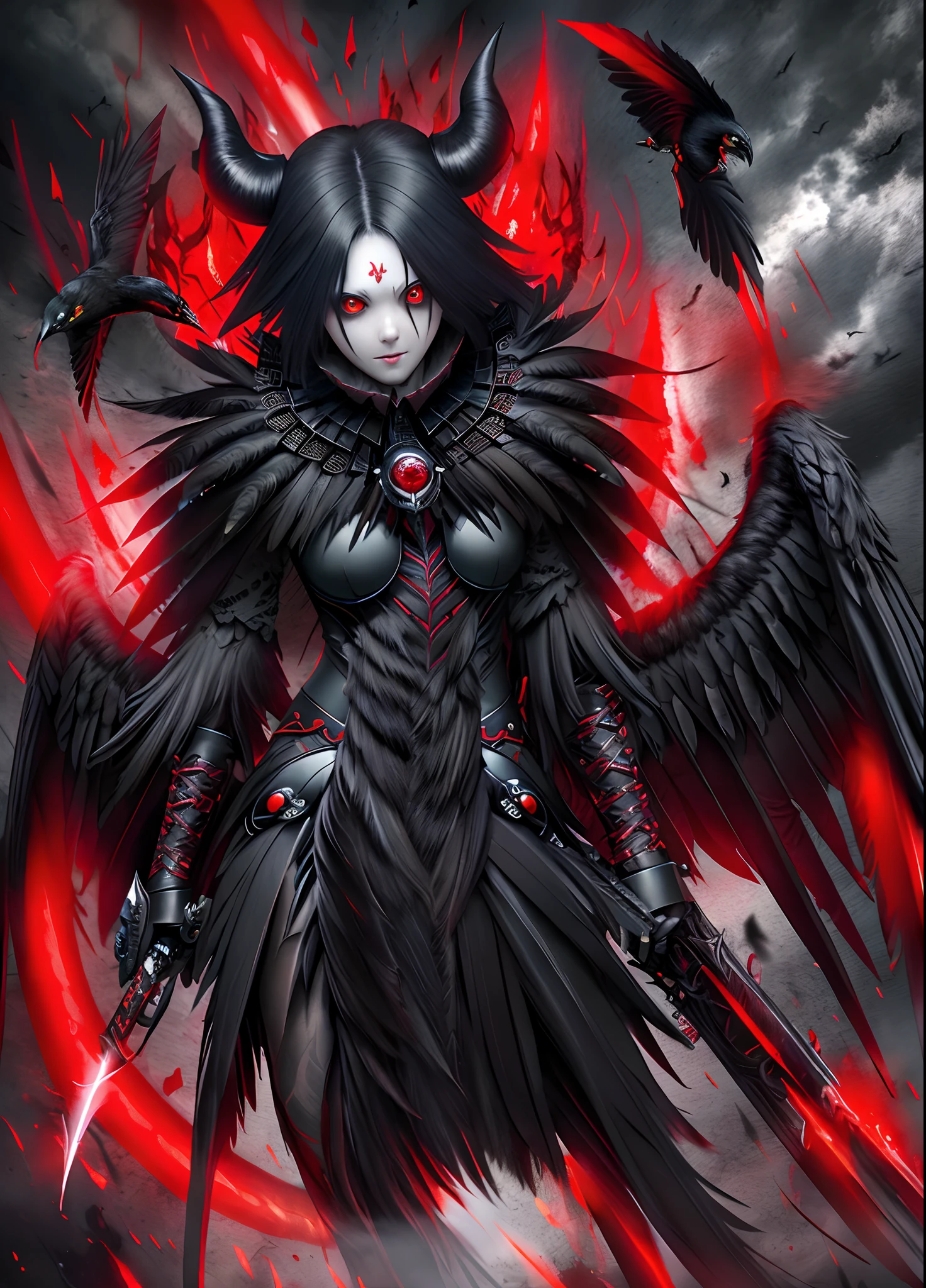 Masterpiece, Best Quality, hight resolution, 独奏, raven,feathers , red eyes, malicious,  Scary background, bird, demon, Bloody Backstory, male