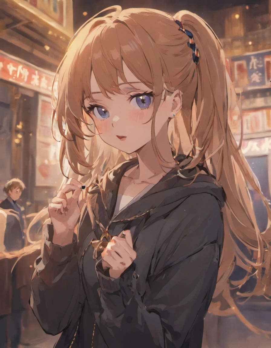 rolua,, , 1girl, ahoge, bangs, black skirt, black sweater, blue nails, blurry, blurry background, breasts, brown eyes, brown hair, brown jacket, closed mouth, dated, day, depth of field, earrings, eyelashes, hand up, head tilt, jacket, jewelry, long hair, long sleeves, looking at viewer, medium breasts, nail polish, open clothes, open jacket, outdoors, puckered lips, shirt tucked in, sidelocks, skirt, sleeves past wrists, solo, sweater, upper body, zipper, , , ((masterpiece)), ,