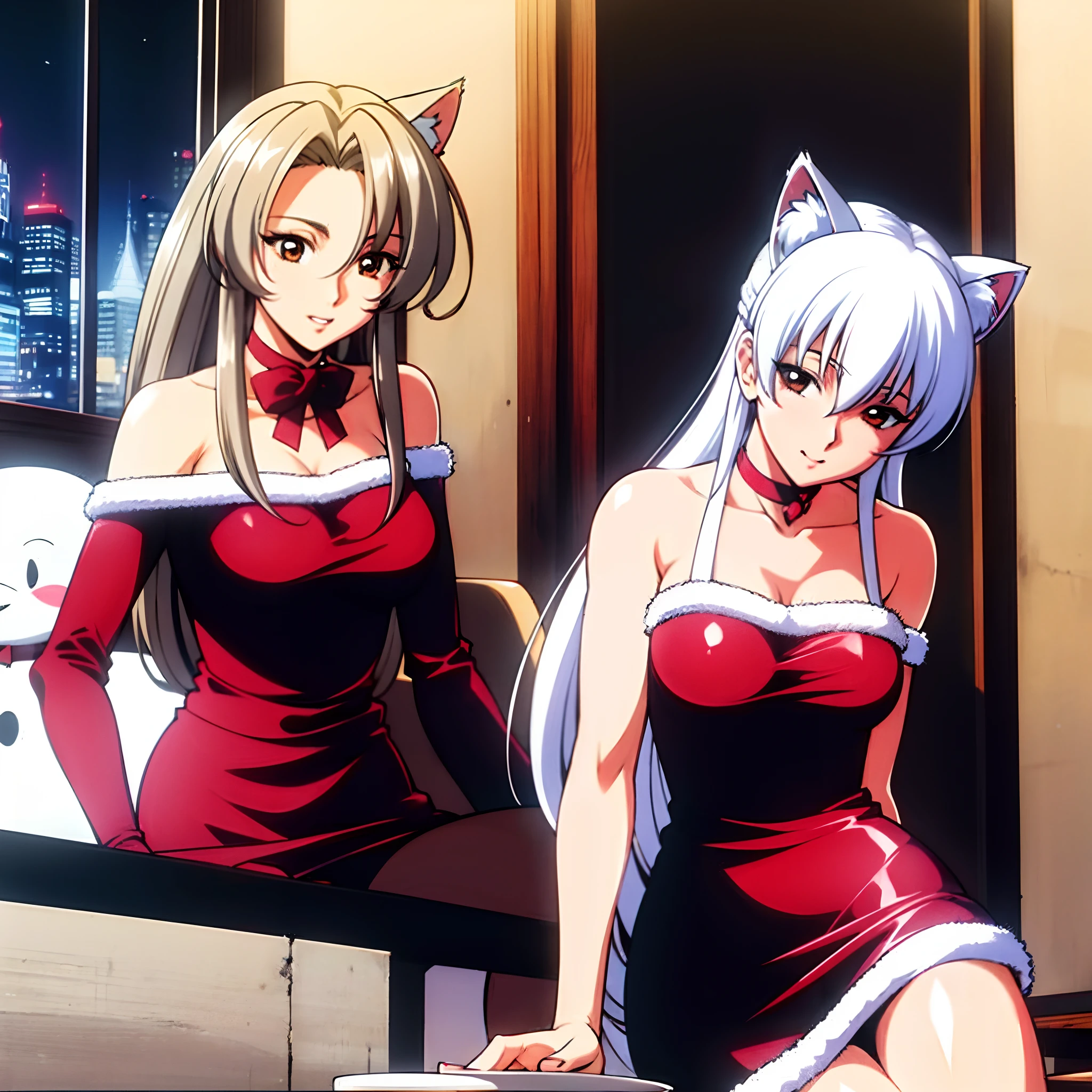 Mature adult humanoid female sexy santa tanuki woman with white cat ears and white holofoil hair, at a cafe