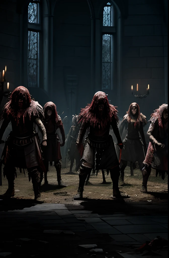 Make a horde of decrepit and horrendous zombies with the background of the throne room of a dark medieval castle