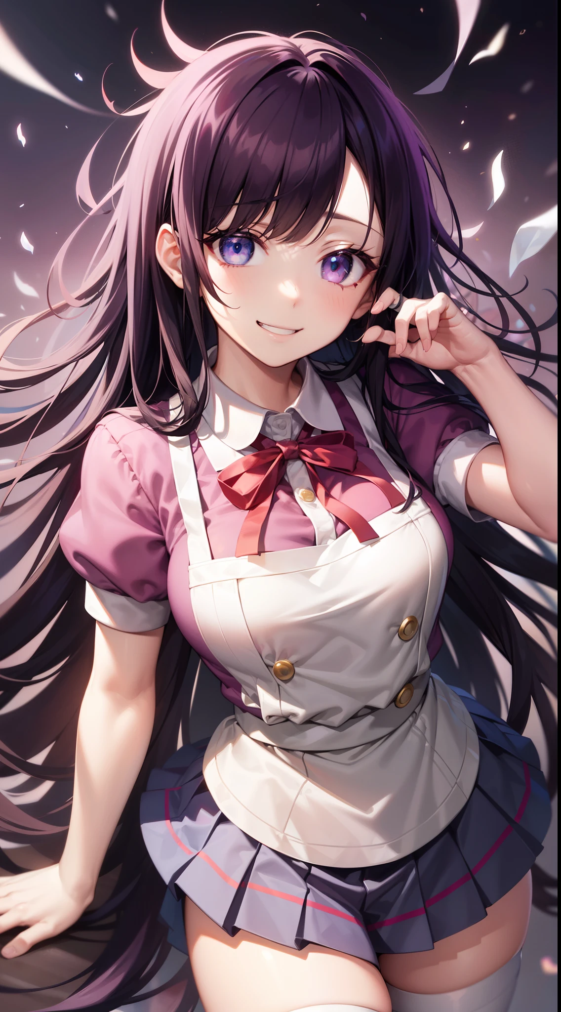 best quality, masterpiece, highres, solo, {mamiya_kantaicollection:1.15}, brown_hair, long_hair, ribbon, hair_ornament, hairclip, hair_ribbon, ahoge, breasts, large_breasts, smile, blush, red_eyes, purple_eyes, 1girl, apron, kappougi, looking_at_viewer, pink_shirt, shirt, twitter_username, upper_body, gradient, gradient_background, open_mouth, one-hour_drawing_challenge