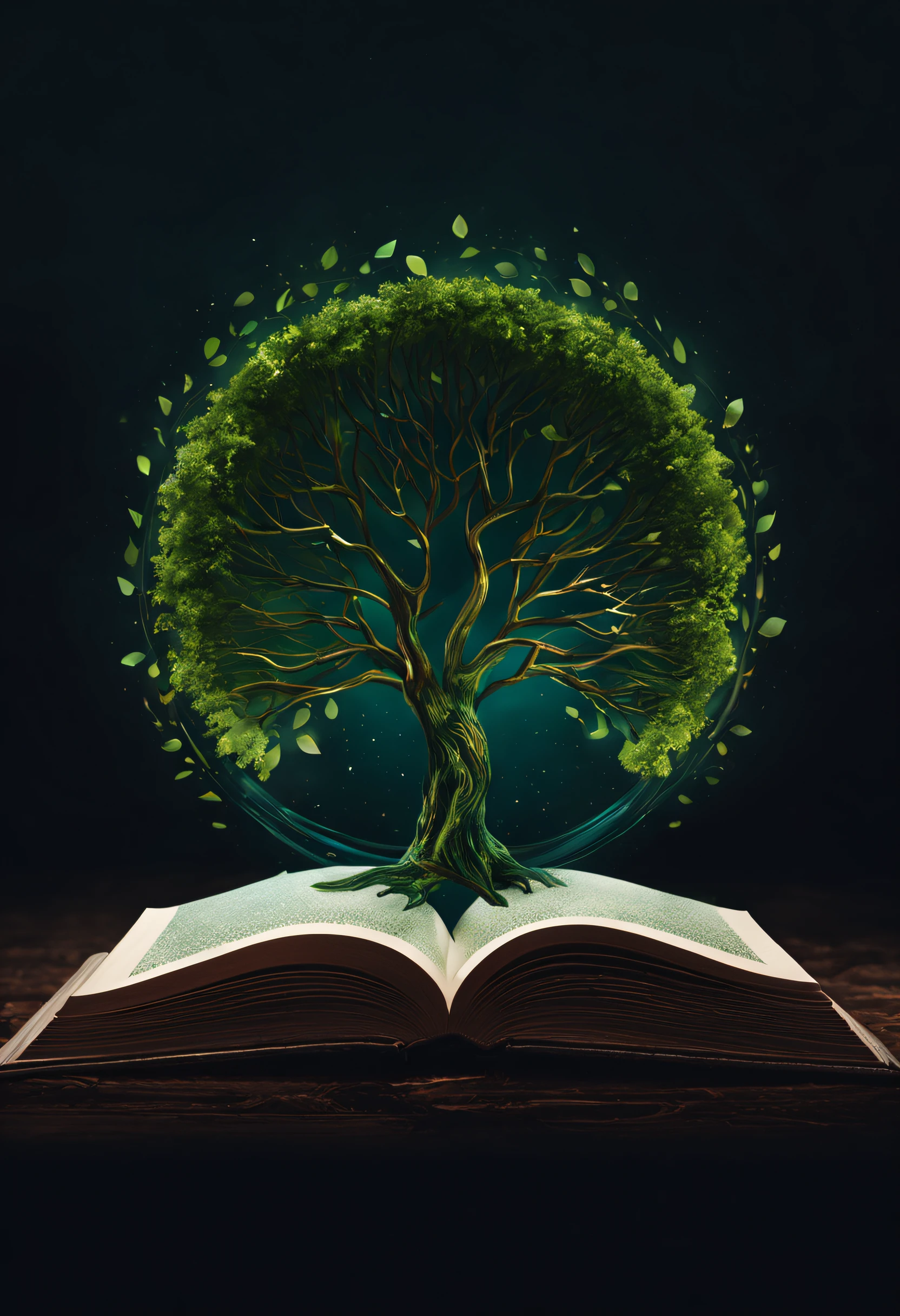 Generate a circular logo with a tree sprouting from a book. Apply an abstract and modern artistic style with a symmetrical composition. Set the scene in a mysterious and magical environment. Describe the image with a focus on harmonious color schemes and an emphasis on textural details.