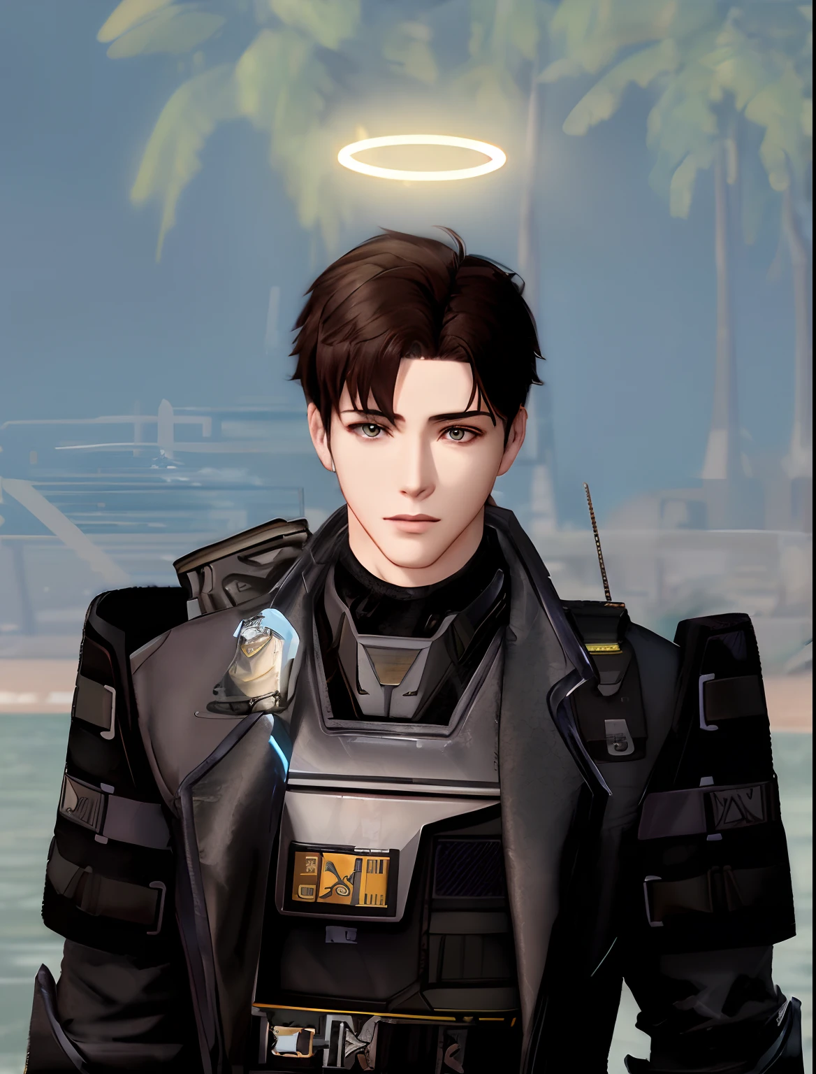 there is a man in a futuristic suit standing in the water, male with halo, young wan angel, male character, makoto shinkai ( apex legends ), npc with a saint's halo, 8 k character details, cai xukun, wearing angel halo, attractive androgynous humanoid, glowing halo above his head, inspired by Jean Malouel, full character
