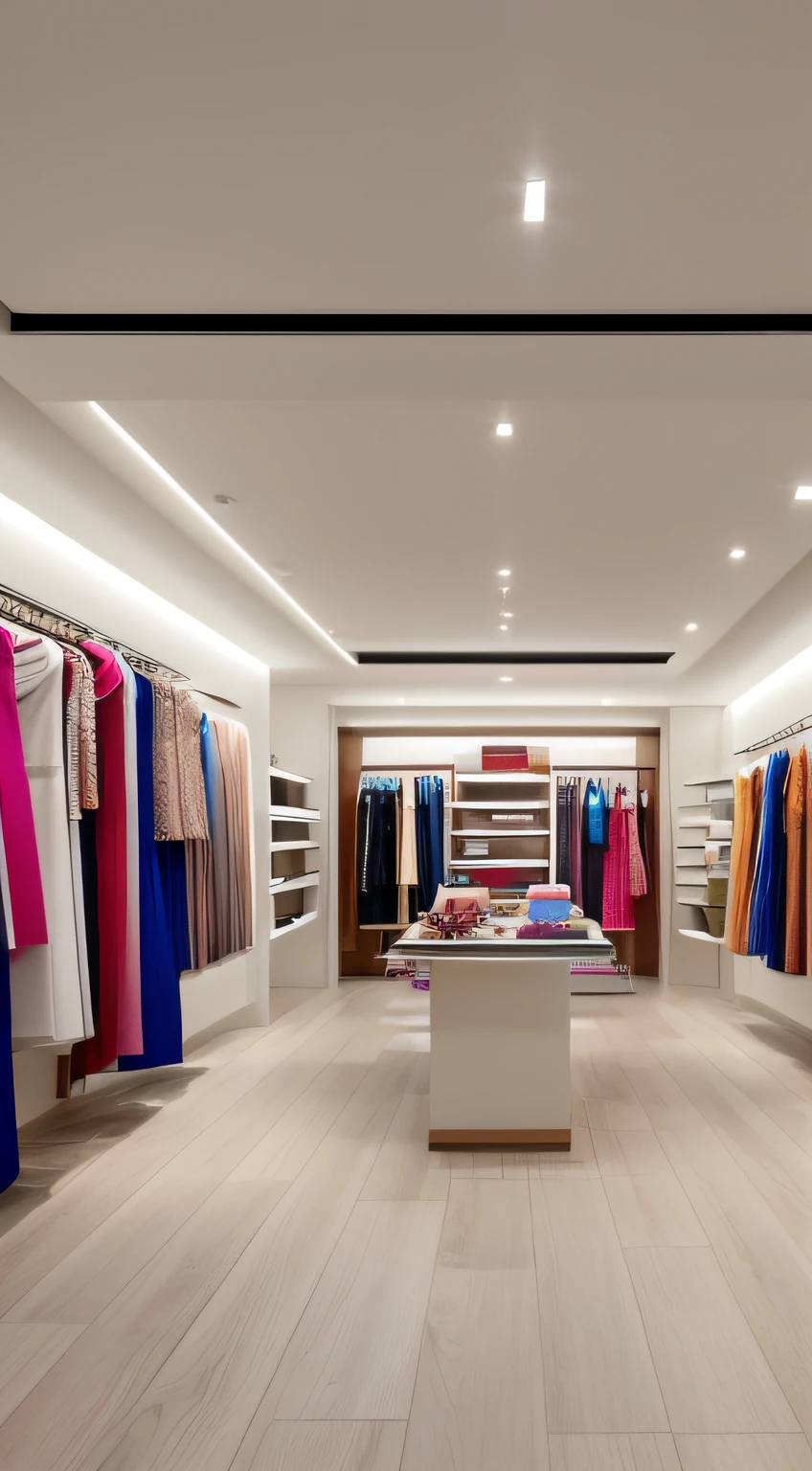 A interior of women 's dress store, minimal design. The walls are painted in a light and low saturation color. without any direct sunlight or daylight effect no sun, no daylight. From the point of view of a person in front of a parallel wall of the camera, for background, light and low saturation color, colorfull