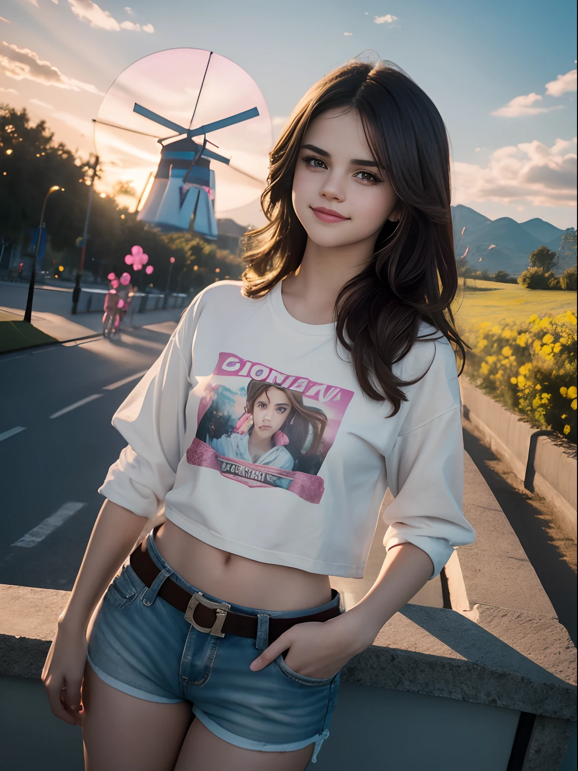 (((Selena Gomez:Emma Watson:0.8))), pink shirt, white shorts, (cowboy shot), {{{holding ice cream}}}, scenic sky background, (dutch angle, posing), {smiling}, scan, masterpiece, (highres 1.2), (ultra-detailed 1.2), detailed render, (high quality, absurdres, masterpiece)