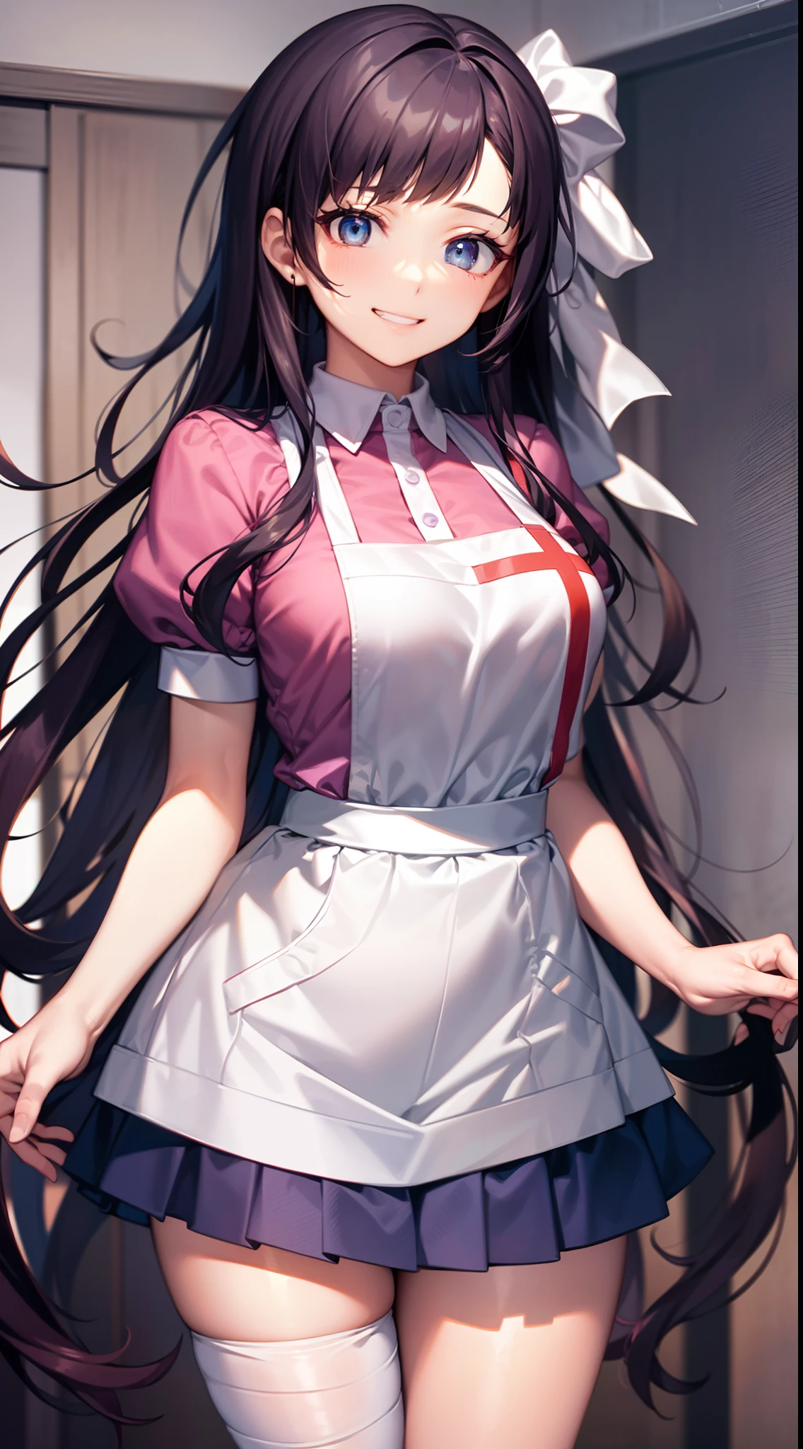 mikantsumiki, mikan tsumiki, long hair, purple hair, (purple eyes:1.1), bangs, blunt bangs, smile, grin,
BREAK apron, bandaged leg, bandages, collared shirt, miniskirt, pink shirt, pleated skirt, puffy short sleeves, puffy sleeves, shirt, short sleeves, skirt, two-tone shirt, white apron, white shirt,
BREAK looking at viewer,
BREAK indoors,
BREAK (masterpiece:1.2), best quality, high resolution, unity 8k wallpaper, (illustration:0.8), (beautiful detailed eyes:1.6), extremely detailed face, perfect lighting, extremely detailed CG, (perfect hands, perfect anatomy),