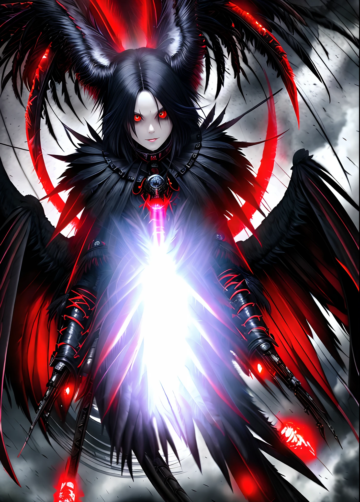 Masterpiece, Best Quality, hight resolution, 独奏, raven,feathers , red eyes, malicious,  Scary background, bird, demon, Bloody Backstory, male