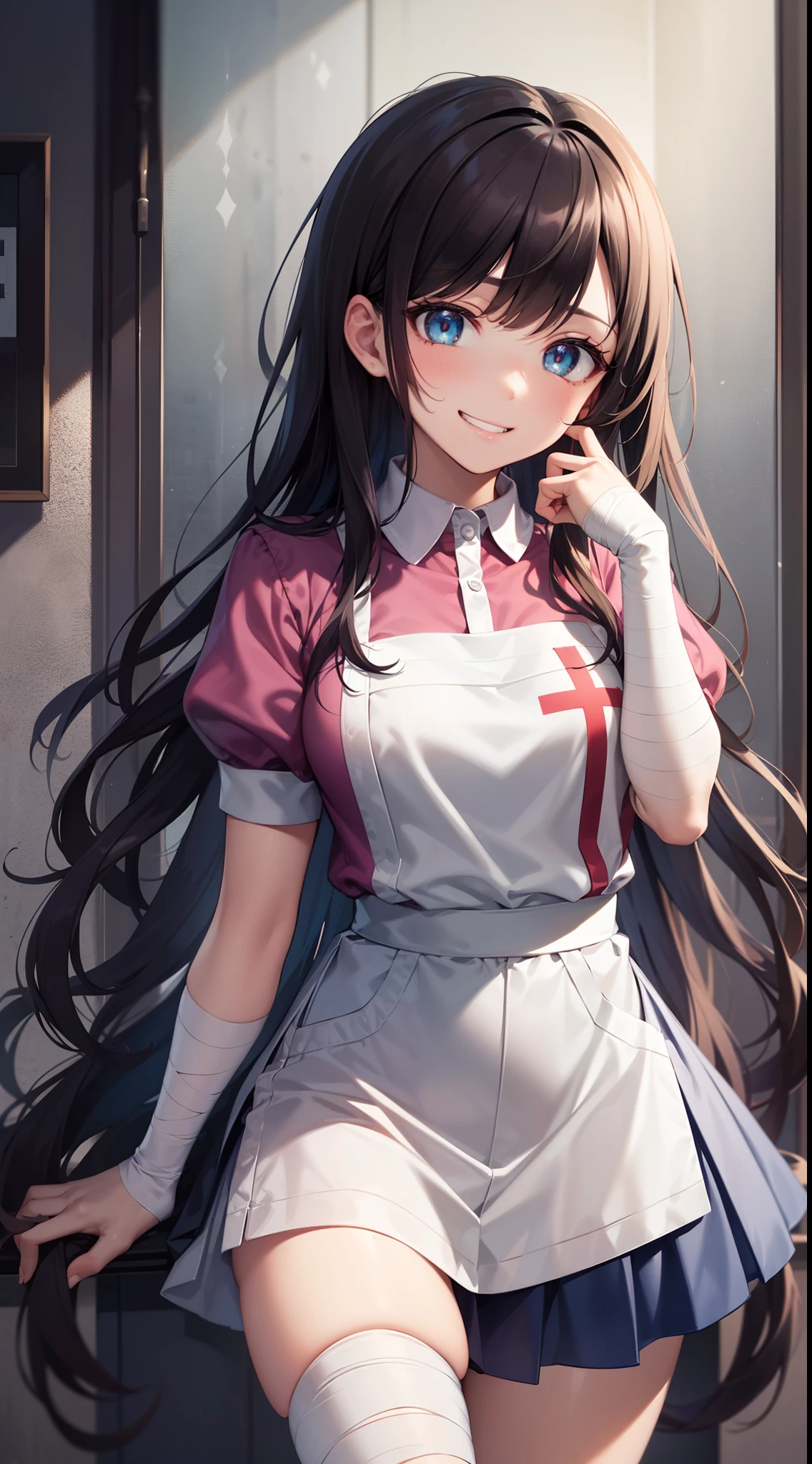 mikantsumiki, mikan tsumiki, long hair, purple hair, (purple eyes:1.1), bangs, blunt bangs, smile, grin,
BREAK apron, bandaged right leg, bandaged left arm, bandages, collared shirt, miniskirt, pink shirt, pleated skirt, puffy short sleeves, puffy sleeves, shirt, short sleeves, skirt, two-tone shirt, white apron, white shirt,
BREAK looking at viewer,
BREAK indoors,
BREAK (masterpiece:1.2), best quality, high resolution, unity 16k wallpaper, (illustration:0.8), (beautiful detailed eyes:1.6), extremely detailed face, perfect lighting, extremely detailed CG, (perfect hands, perfect anatomy),