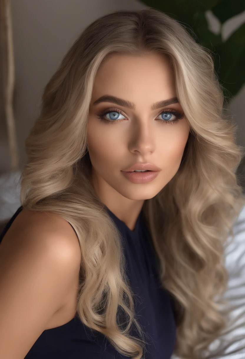 Arafed pleine femme, fille sexy aux yeux bleus, , ultra realist, Meticulously detailed, portrait de Sophie Mudd, cheveux blonds et grands yeux, Selfie d'une jeune femme, Yeux de chambre, Violet Myers, pas de maquillage, maquillage naturel, looking straight at camera, Visage Artgram, maquillage subtil, Impressive photo of the whole body kneeling on the bed, dans la chambre, Poitrine de taille moyenne et grande, allow the face to be seen clearly, portrait