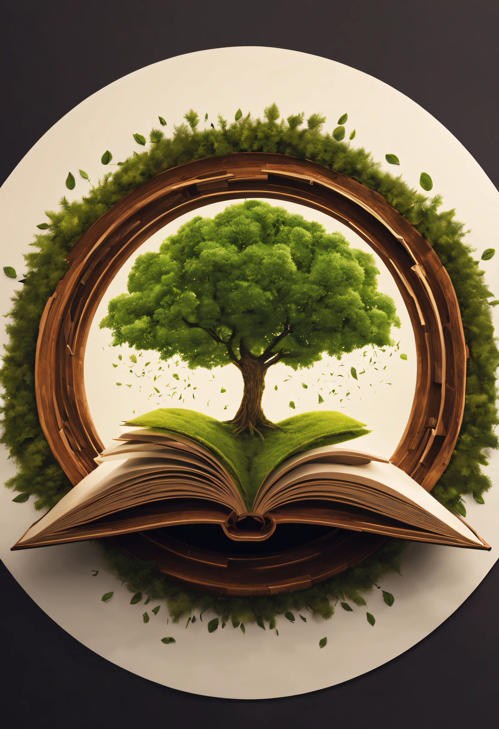 Generate a circular logo with a tree sprouting from a book. Apply an abstract and modern art style with a symmetrical composition. Set the scene in a mysterious and magical environment. Describe the image by focusing on harmonious color schemes and emphasizing texture details.