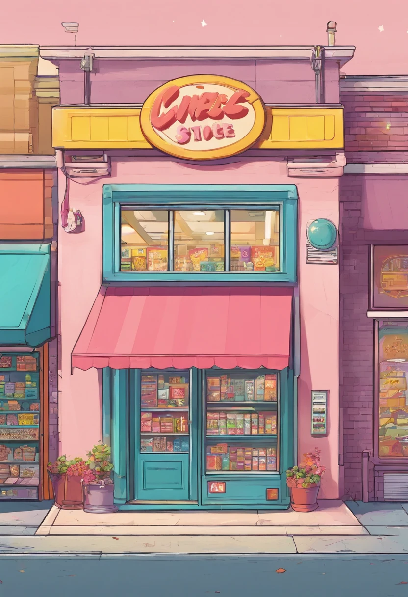 convenience store, isometric, outdoor, front of door, dim light, pastel colour, aesthetic