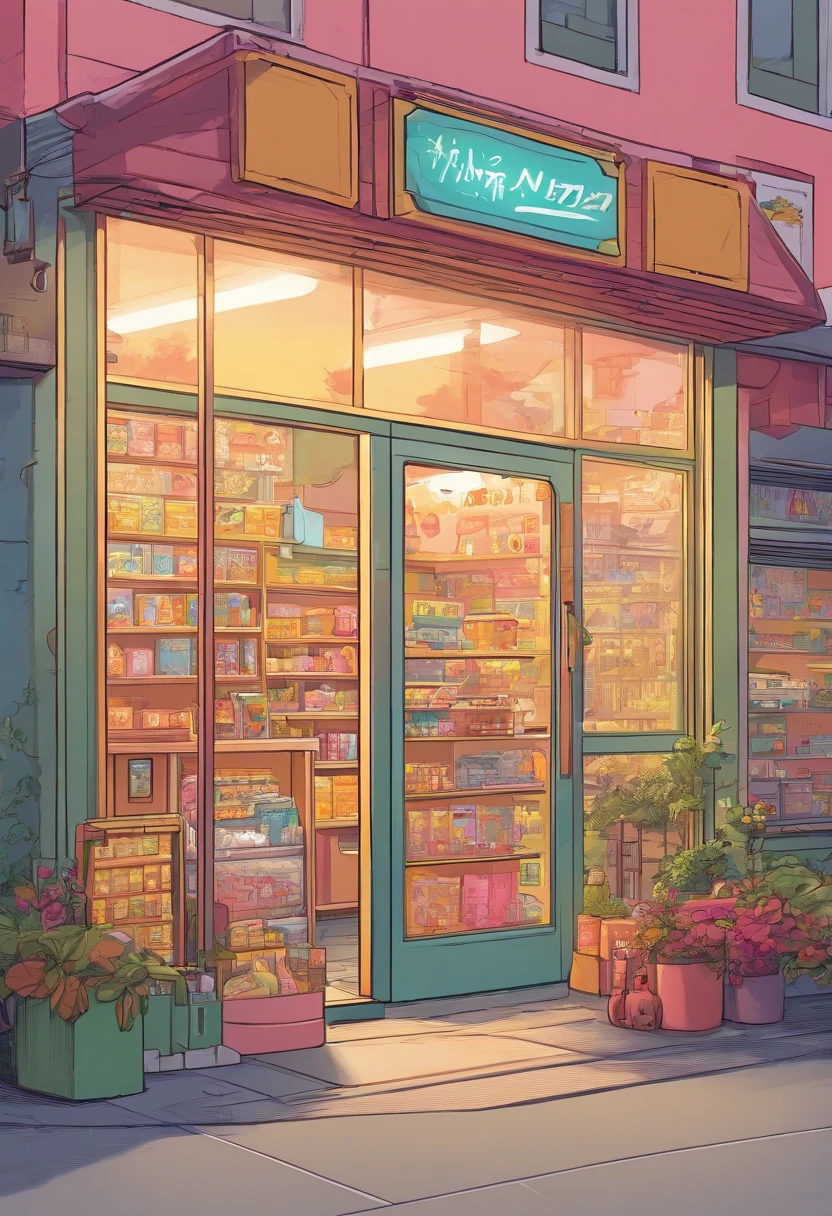 convenience store, isometric, outdoor, front of door, dim light, pastel colour, aesthetic