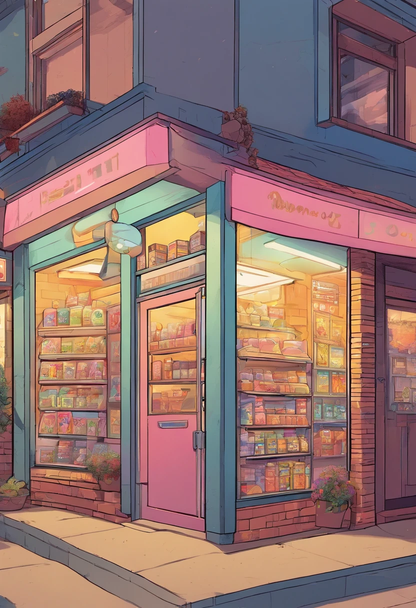 convenience store, isometric, outdoor, front of door, dim light, pastel colour, aesthetic