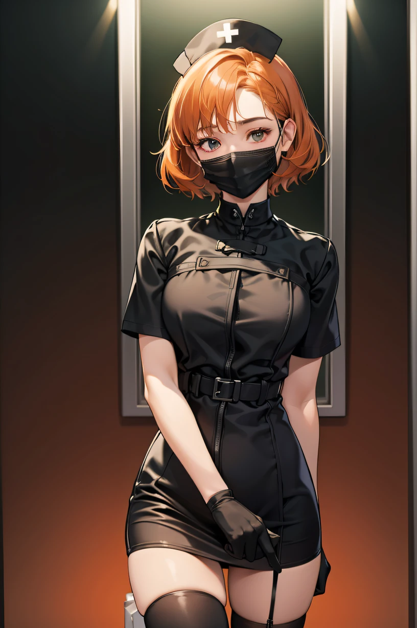 black nurse, 1girl, solo, black nurse cap, black wear, ((black legwear, zettai ryouiki)), black elbow gloves, very short hair, orange hair, ((black surgical mask, covered nose)), standing, ((surgery room)), sharp outline, short sleeves, tomboy, boyish, best quality, masterpiece