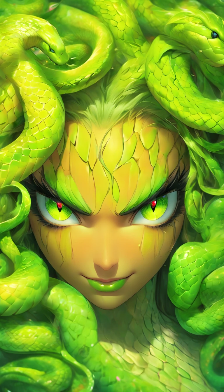 (Best quality,8K,A high resolution,Masterpiece:1.2),Ultra-detailed,(Realistic,Photorealistic,photo-realistic:1.37),150mm female,vibrant detail,Lace, surrealism,anatomically,elegant,h.r. Giger style, The left half is green snake-like hair,The right half is flowing blonde hair,Symmetrical long hair,Snake eyes,Keen eyes,Medusa,Venus,macro photography,Full-body,Super detailed,trends in art station,Sharp focus,studio photo,Intricate details,Highly detailed,Borha Greg Lutkovsky