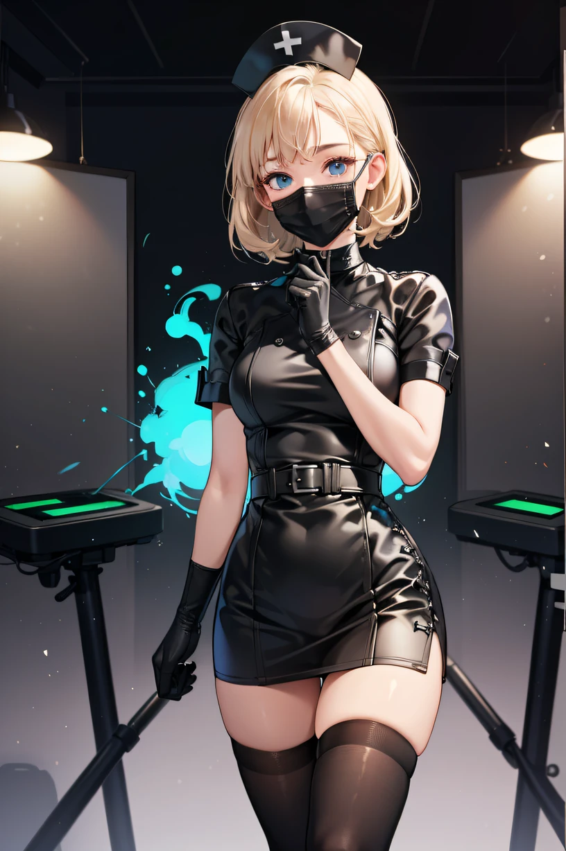 black nurse, 1girl, solo, black nurse cap, black wear, ((black legwear, zettai ryouiki)), black elbow gloves, blonde hair, blue eyes, ((black surgical mask, covered nose)), standing, ((surgery room)), sharp outline, short sleeves, best quality, masterpiece