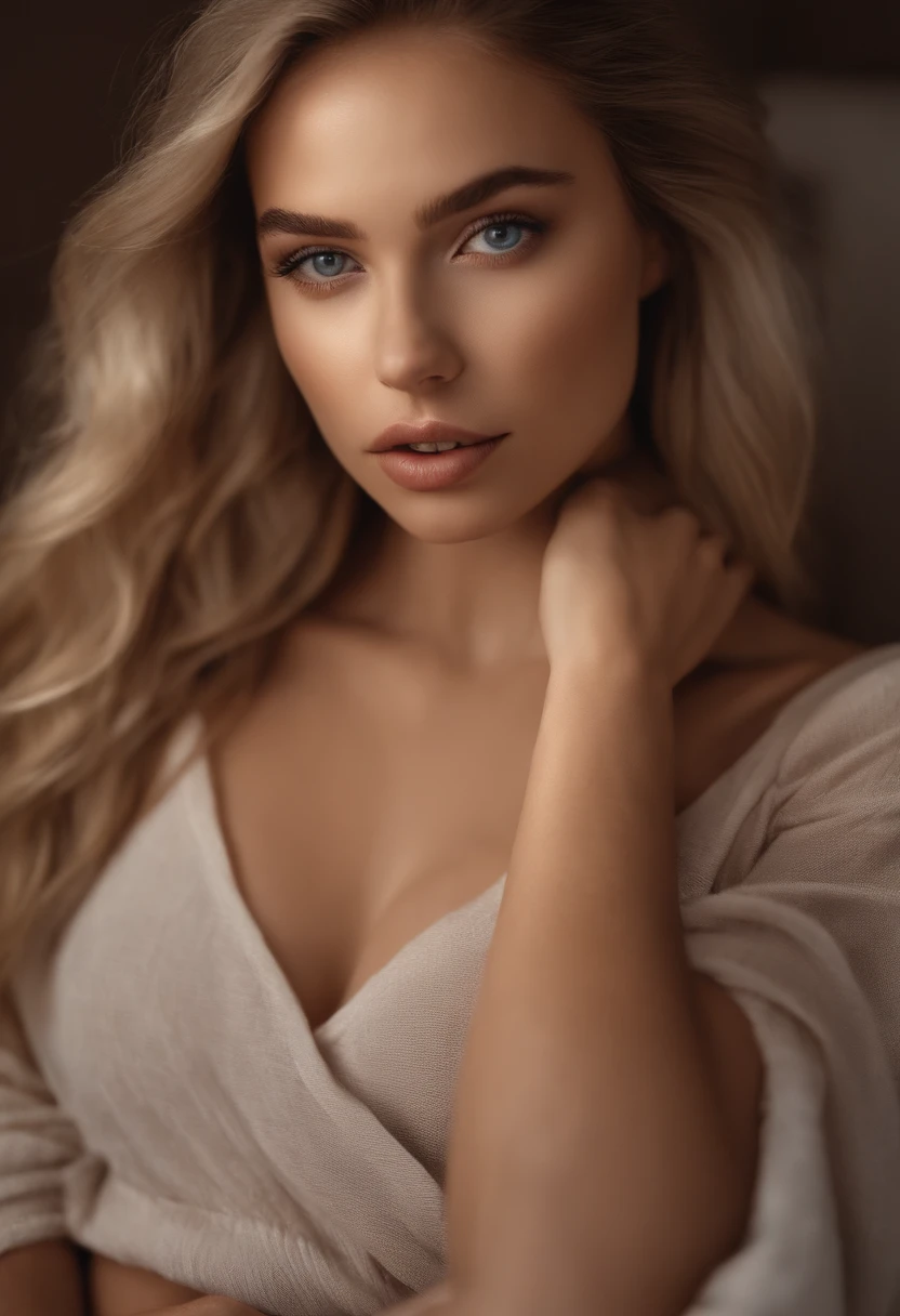 Arafed woman completely , fille sexy aux yeux bleus, ultra realist, Meticulously detailed, Portrait Sophie Mudd, cheveux blonds et grands yeux, selfie of a young woman, Yeux de chambre, Violet Myers, sans maquillage, maquillage naturel, looking straight at camera, Visage avec Artgram, Maquillage subtil, Great photo of the whole body kneeling on the bed, dans la chambre, Medium to large bust