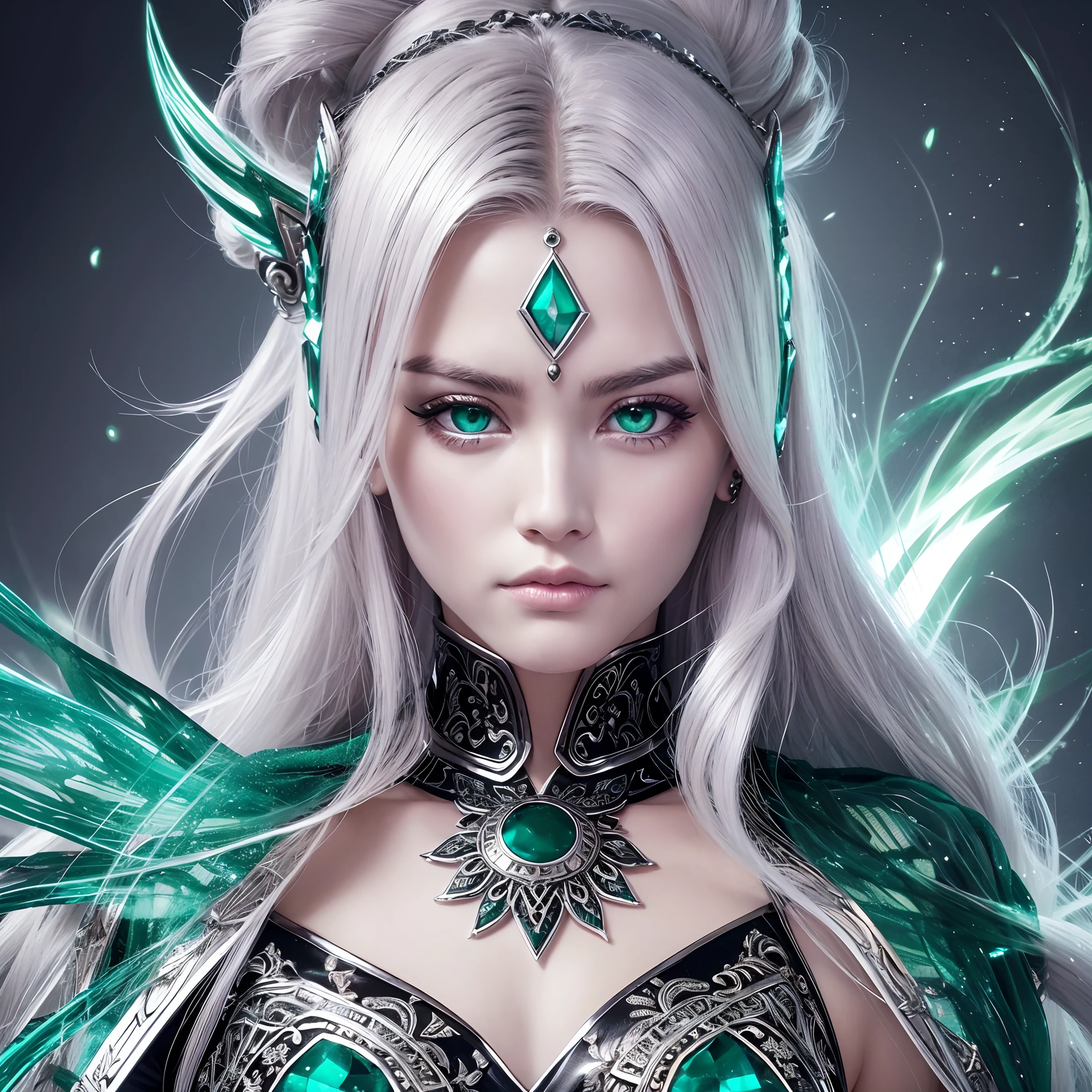 silver hair emerald eye warrior high warlock female tattoo high cheekbone strong expression angelic quality --auto --s2