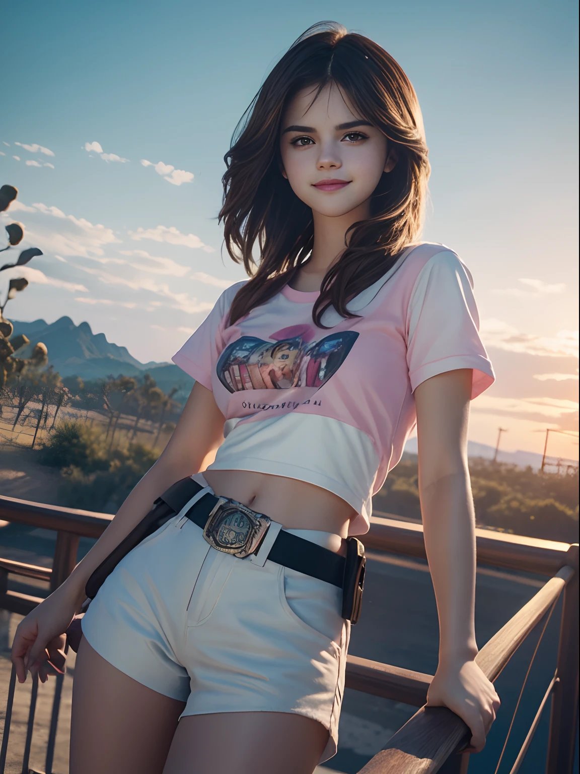 (((Selena Gomez:Emma Watson:0.8))), pink shirt, white shorts, (cowboy shot), {{{holding ice cream}}}, scenic sky background, (dutch angle, posing), {smiling}, scan, masterpiece, (highres 1.2), (ultra-detailed 1.2), detailed render, (high quality, absurdres, masterpiece)