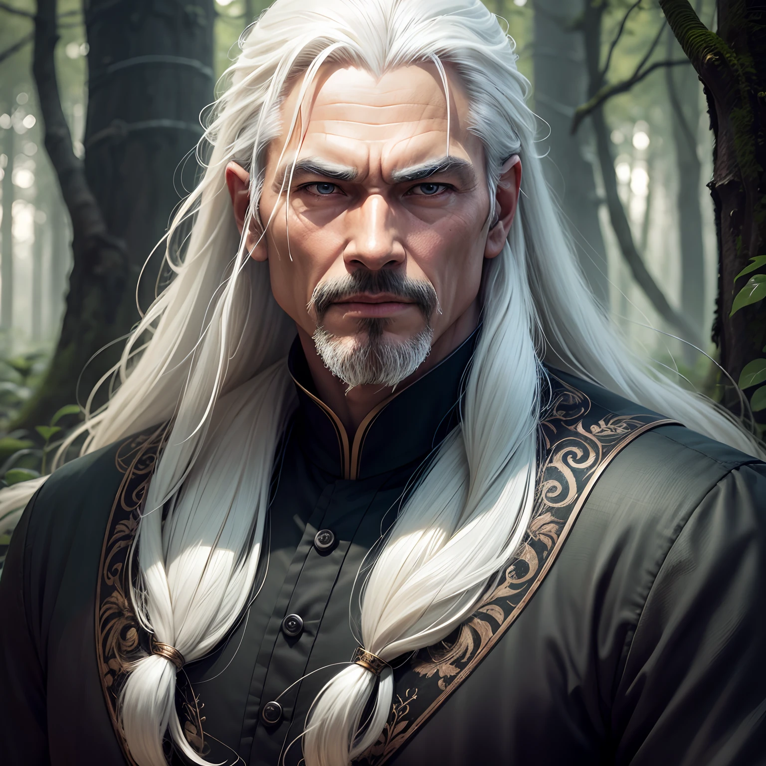 The wallpaper is a forest, a man named Phong, Best quality, masterpiece, ultra high res,detailed background,realistic,hadesstyle,solo,male,mature,bara,mature male,long white hair,facial hair, \(theme\),dark fantasy,evil,depth of field, sad
