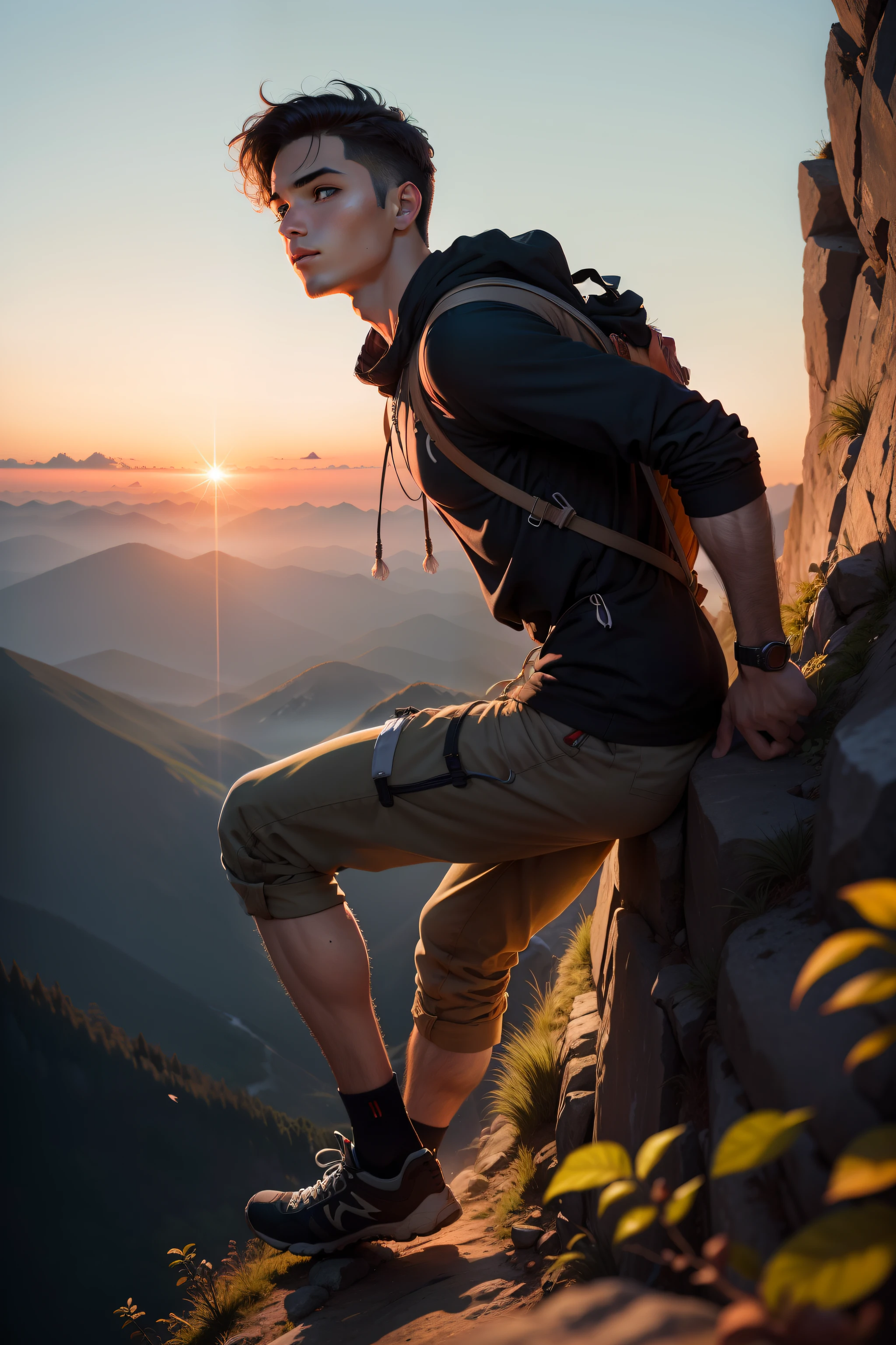 Young man with eyes full of curiosity and determination, Climbing the steep mountain at dawn