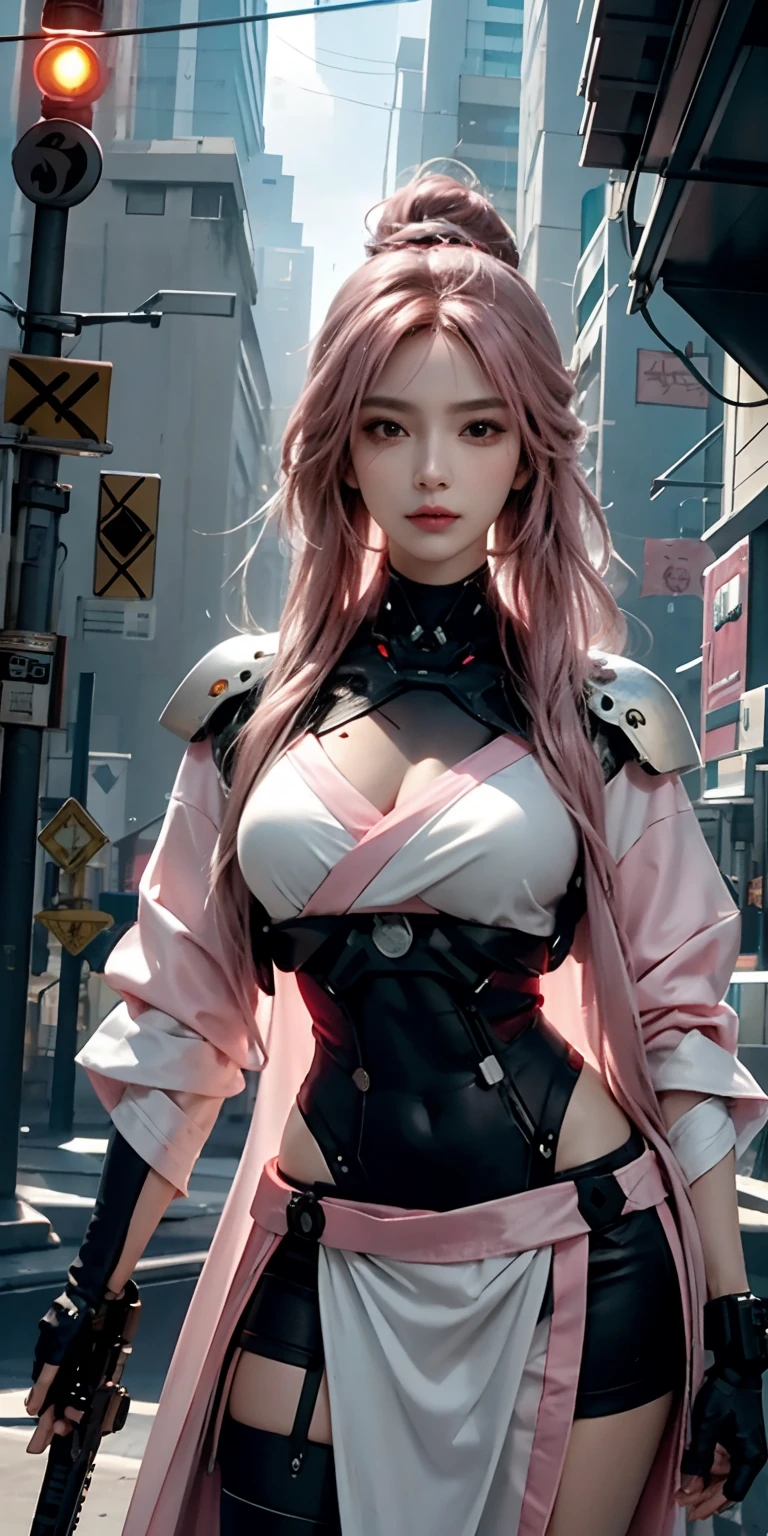 photorealistic, high resolution, soft light,1women, solo, hips up, (detailed face), pink long hair, cybersamurai, cyborg, cyberpunk, cyber armor, holding weapon,glowing,gun, sniper, on the street , kimono