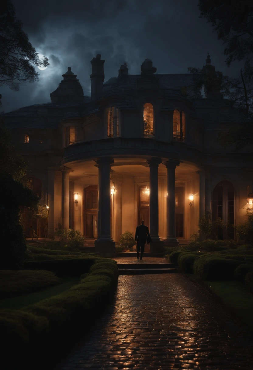 UM HOMEM, paramedico, Rainy night entering a gloomy mansion