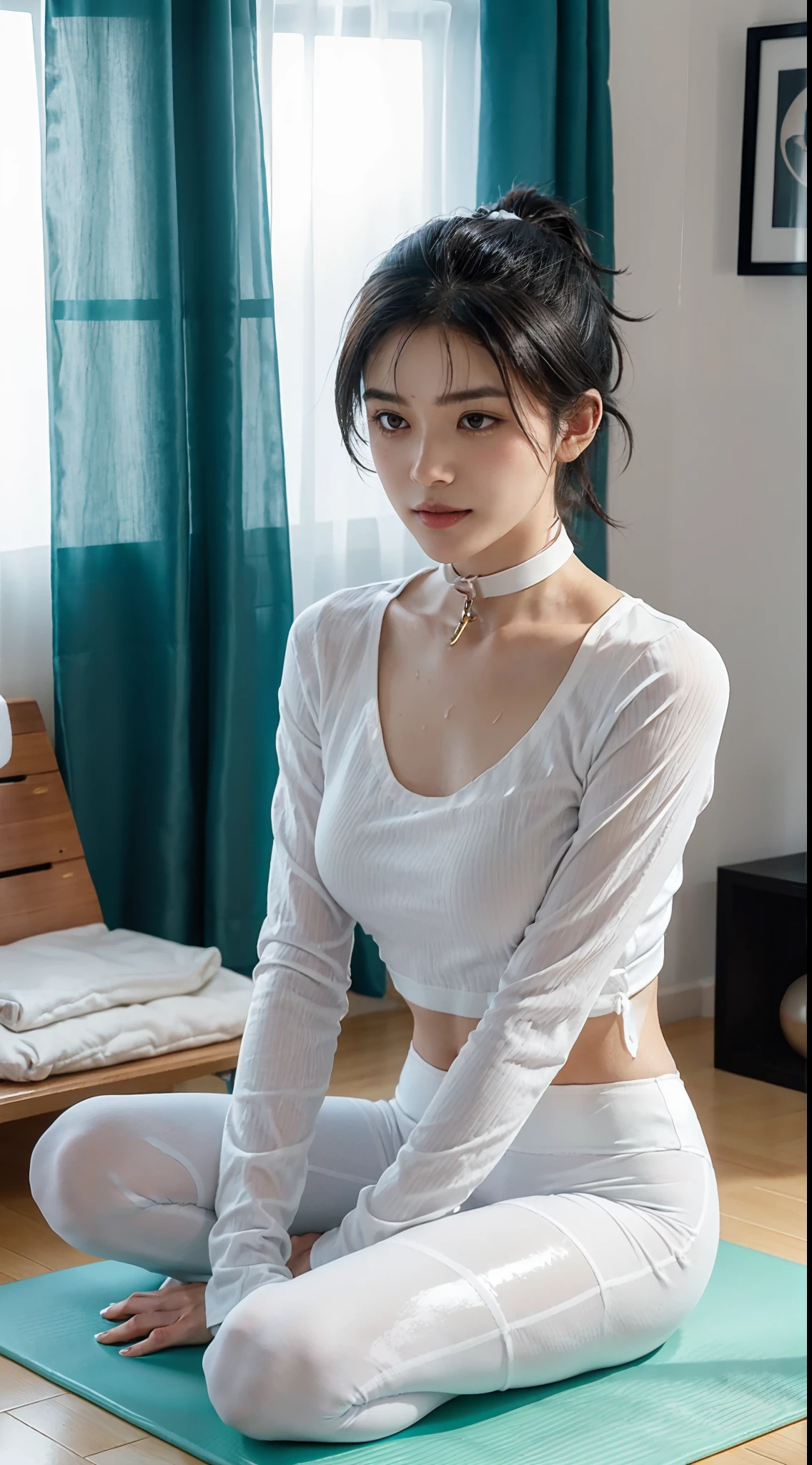 (Small underboob,Tomboyish,small heads)), (perfect bodies: 1.1), (shoulder length straight short hair: 1.1),(black hair:1.5),attractive collarbone，（极其细致的CG 8k壁纸），（Extremely refined and beautiful），（masterpiece），（best qualtiy：1.0），（超高分辨率：1.0）,upper body，[A high resolution]，cheerfulness，smile,(Smooth and flawless fair skin:1.5),(shiny skin:1.5),ultra - detailed ，Elongated legs,(Small breasts:1.1),Flat chest,underboob,Slim，emaciated,(dog collar:1.5),(White long sleeved yoga top:1.5),(white pantyhose:1.4),At home，in living room，Gym decoration style，Teal background，Yellow curtains，TV on the wall,Close shot，midday sunlight,(Sitting upright cross legged on a yoga mat:1.4),(close eyes:1.3),(open mouth:1.2) ,(female orgasmic:1.3), (blush:1.3)，(head up:1.2),Put hands together,meditating,from front,(very short pony tail:1.2),cowboy shot,(sweat:1.6),(Portrait above chest level:1.3)