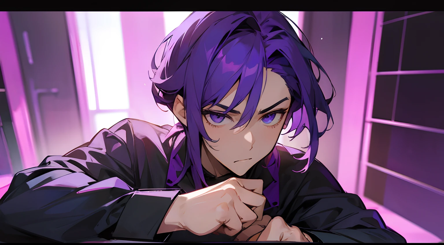 Handsome man with purple hair、Love hotel rooms、Y shirt、Battle Pose、Upper body is shown、