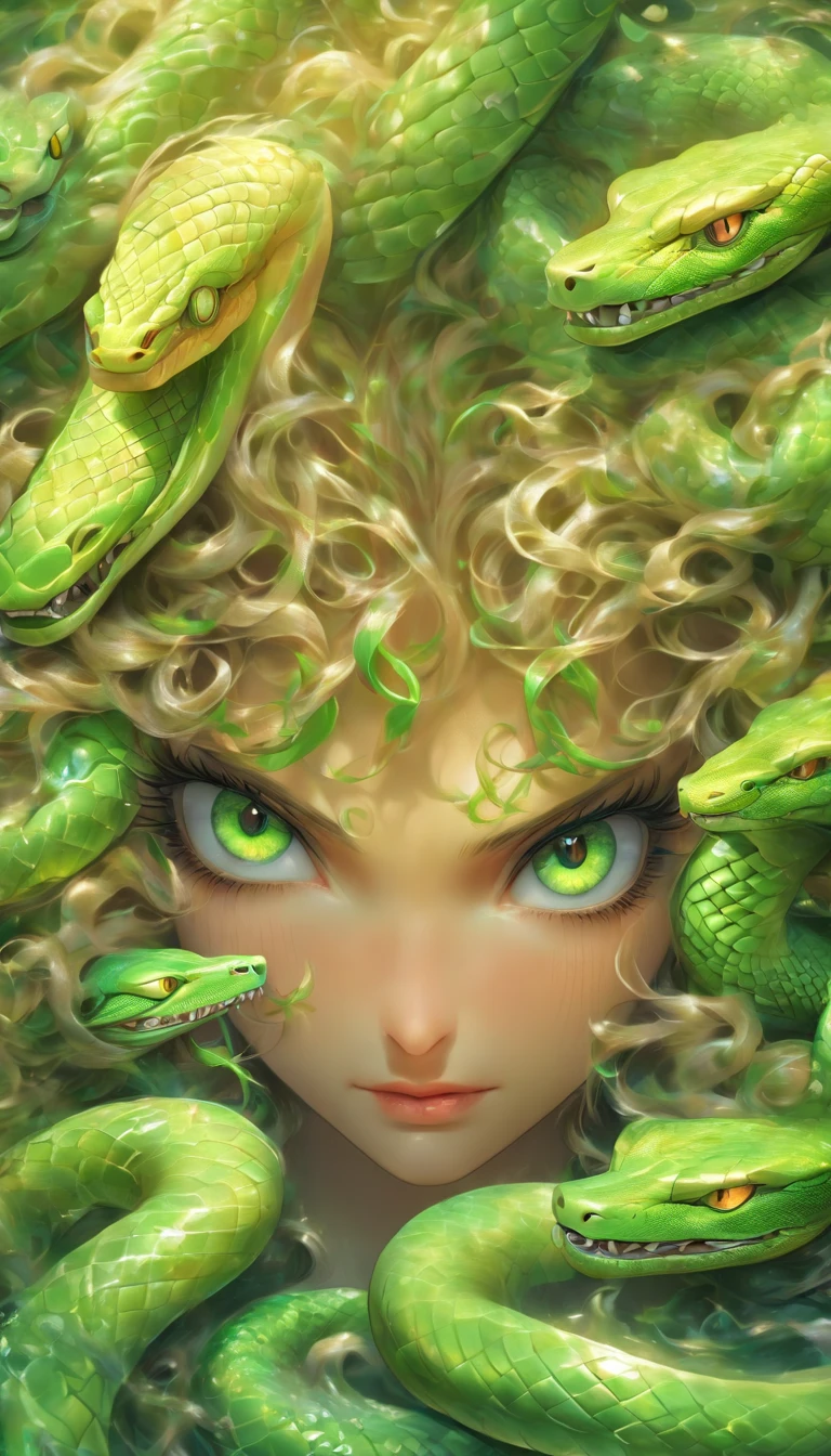 (Best quality,8K,A high resolution,Masterpiece:1.2),Ultra-detailed,(Realistic,Photorealistic,photo-realistic:1.37),150 mm female,vibrant detail,Lace, surrealism,anatomically,elegant,h.r. Giger style, The left half is green snake-like hair,Snake eyes on the left,Keen eyes,The right half is flowing blonde hair,The girl on the right has beautiful eyes,Medusa,Venus,macro photography,Full-body,Super detailed,trends in art station,Sharp focus,studio photo,Intricate details,Highly detailed,Borha Greg Lutkovsky