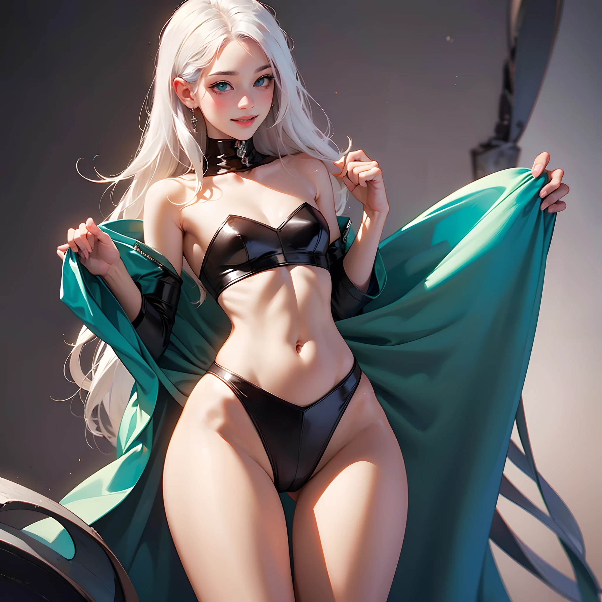((masterpiece, best quality)), (NSFW), 1girl, beautiful gorgeous girl with white hair and teal eyes smiling at the camera, blushing, thighs, (small waist:1.3), (wide hips:1.3), seductive pose, sitting