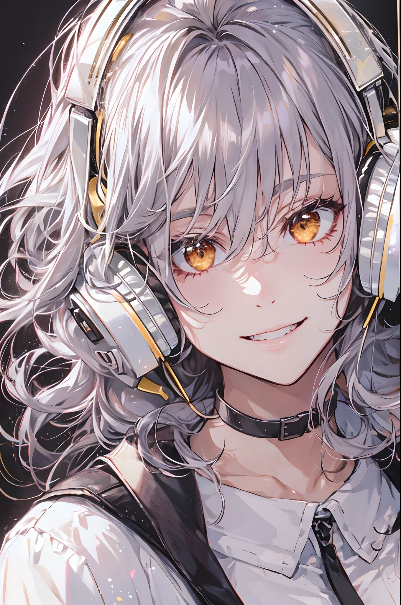 silber hair、Semi-long hair、A smile,Wearing cool headphones,{{{{{{{{ Black Parker Oversize }}}}}}}},beautiful and delicate golden eyes,