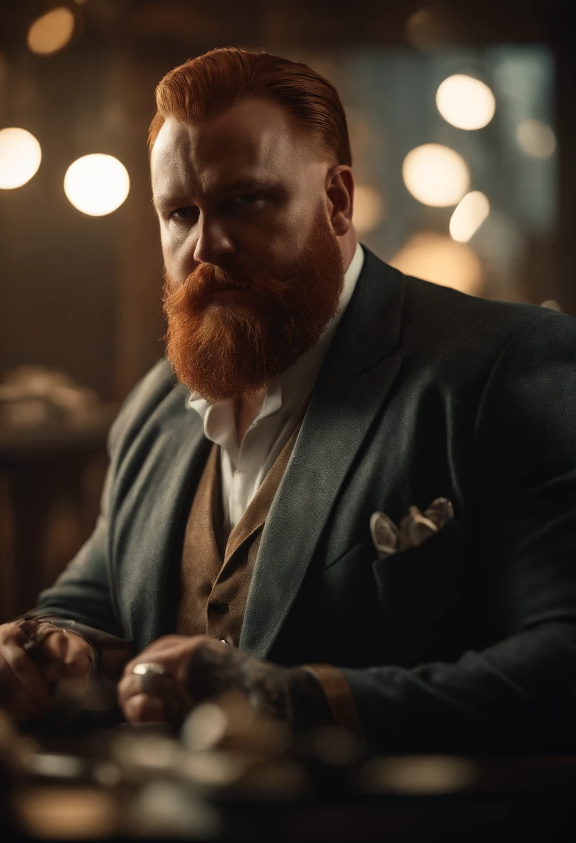 Bearded Man with a Knife, Redbeard, Baron Harkonnen, reddish beard, Mafia Background Hyper Details, kingpin, kingpin, ! Baron Harkonnen!, GTA Art Style, Stocky, Rich heritage, gangster, Mafioso, Action Bronson, ((Irish)), (redhair)