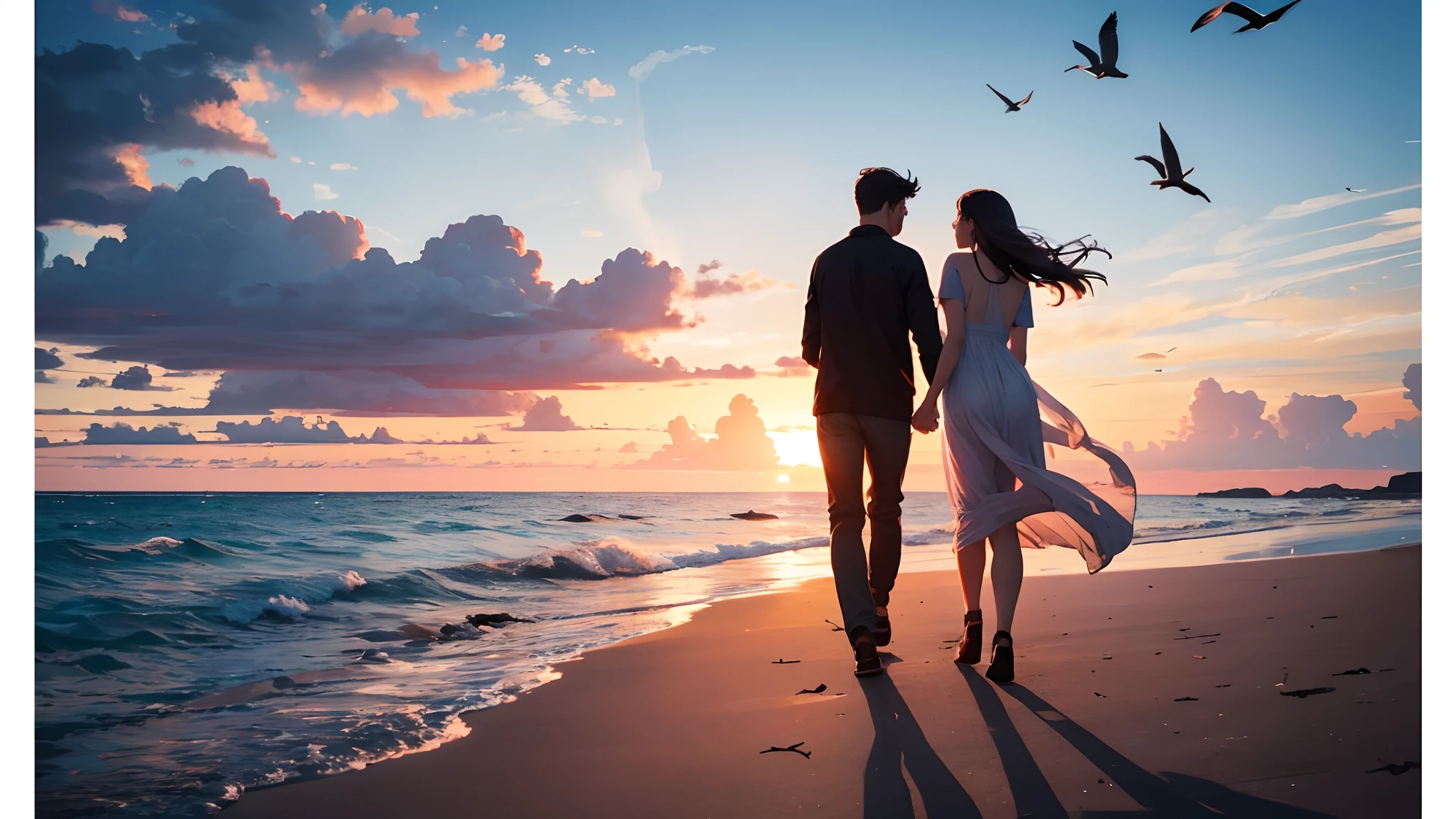 Sunset by the beach, birds flying, couple walking hand in hand towards the lighthouse