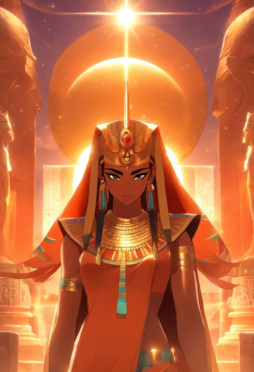 ((Hathor solar adornment))) best quality, very high resolution, 4K detailed CG, masterpiece, Egyptian mythology, Hathor, woman, sun in the background, Ancient Egypt, standing pose, orange clothes, Egyptian clothes, Egyptian temple , desert, Ancient Egypt, ((standing pose)), Egyptian palace, aesthetics, beautiful image, centered on screen, full body