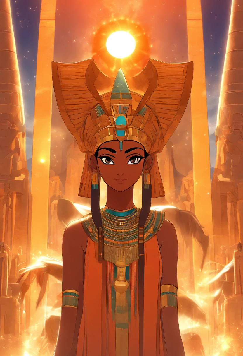((Hathor solar adornment))) best quality, very high resolution, 4K detailed CG, masterpiece, Egyptian mythology, Hathor, woman, sun in the background, Ancient Egypt, standing pose, orange clothes, Egyptian clothes, Egyptian temple , desert, Ancient Egypt, ((standing pose)), Egyptian palace, aesthetics, beautiful image, centered on screen, full body