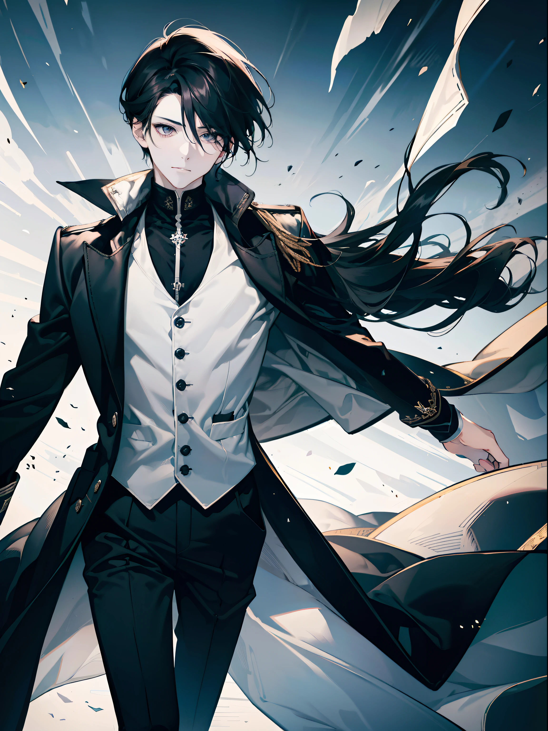 An adult boy,brunette color hair,Three and seven points of hair,black color eyes,Delicate face,Black sleeveless,Off-white coat,Crop topping,shorter pants,INS wind,Stockings,Boho,aj,Waved with his left hand,A masterpiece,4k, sky with bird